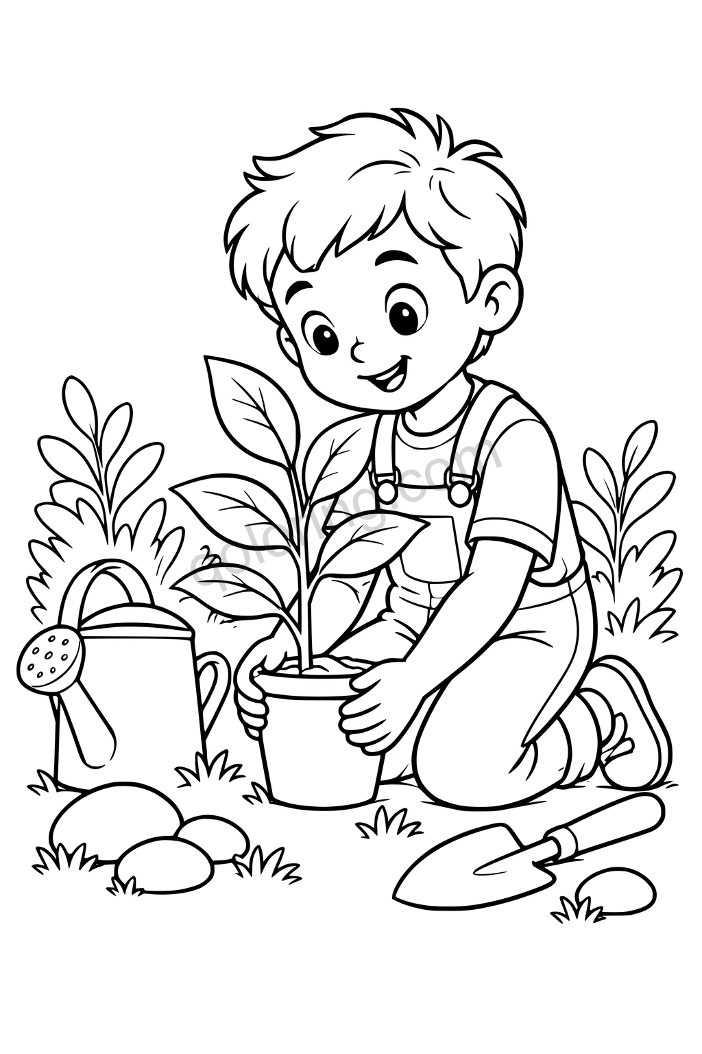 Black outline drawing of a boy kneeling beside a young tree, watering can and hand shovel.