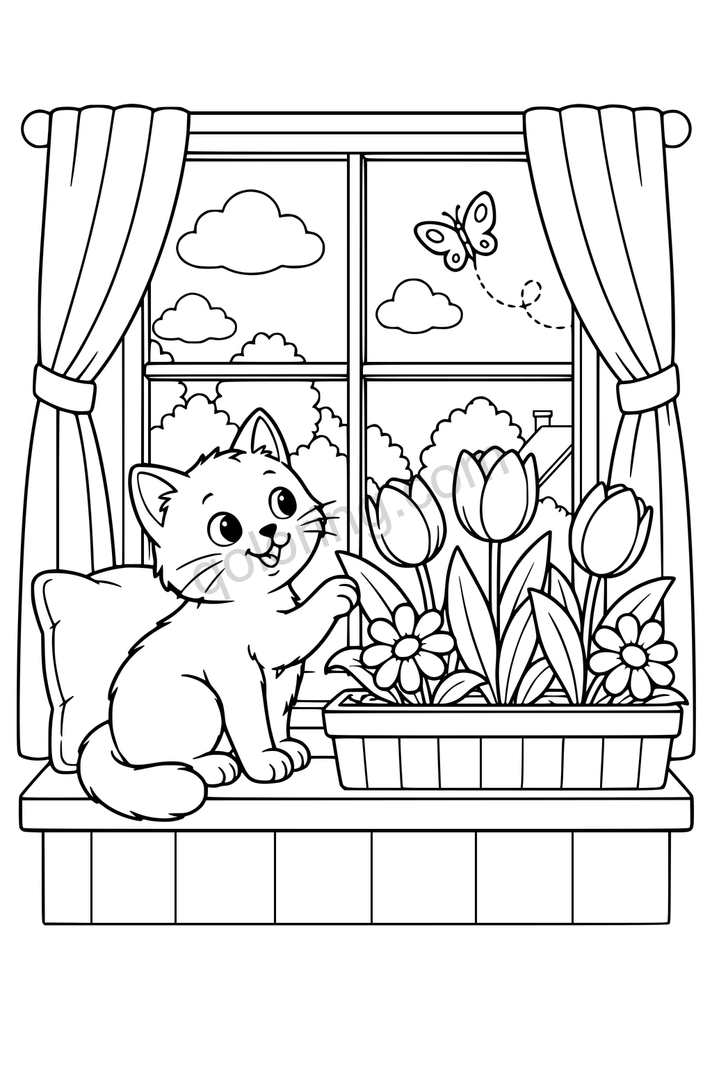 Cat on a windowsill beside three tulips and two daisies, watching a butterfly beyond tied-back curtains.