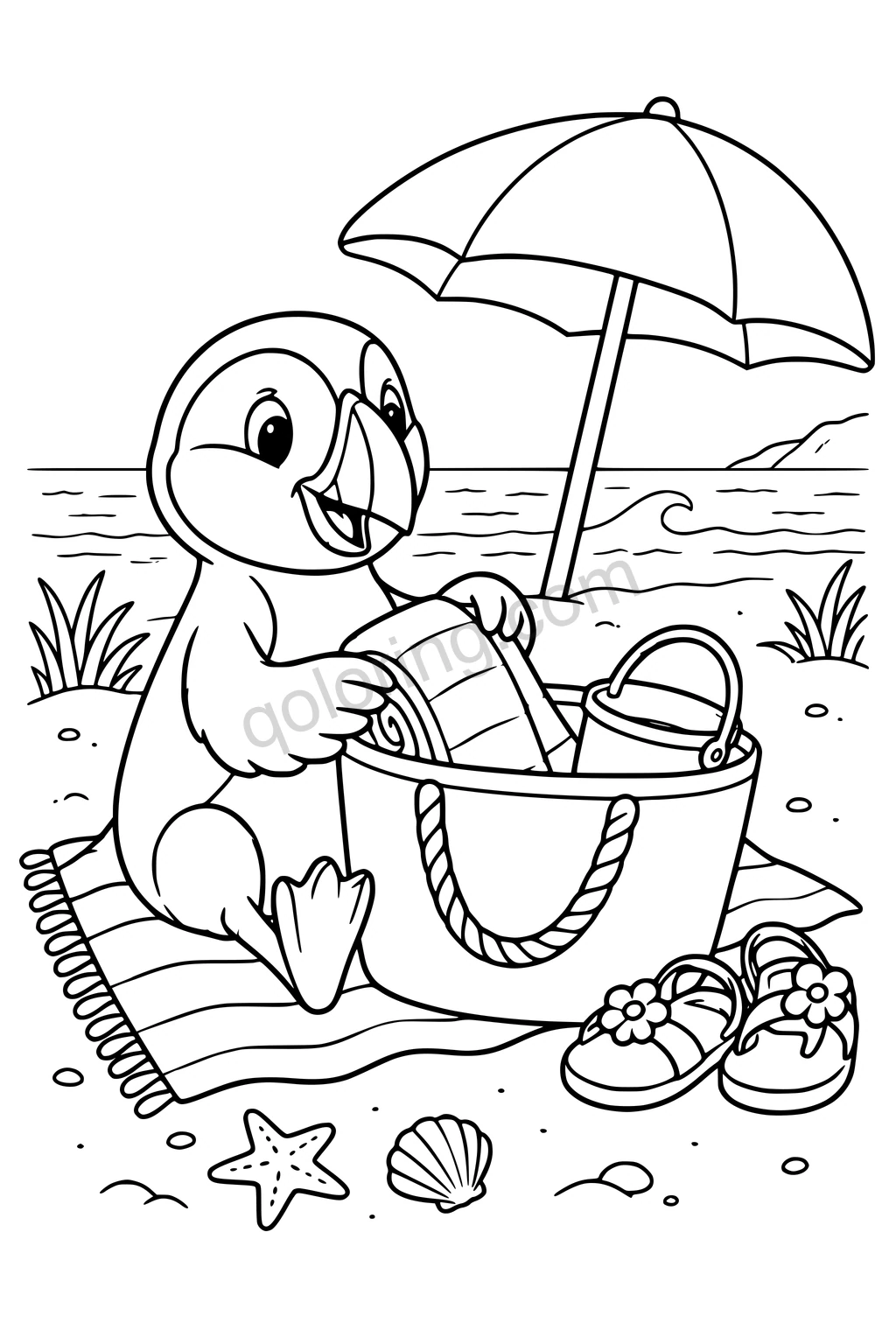 Puffin packing a beach bag with a towel and bucket beside sandals, shells, and a beach umbrella.