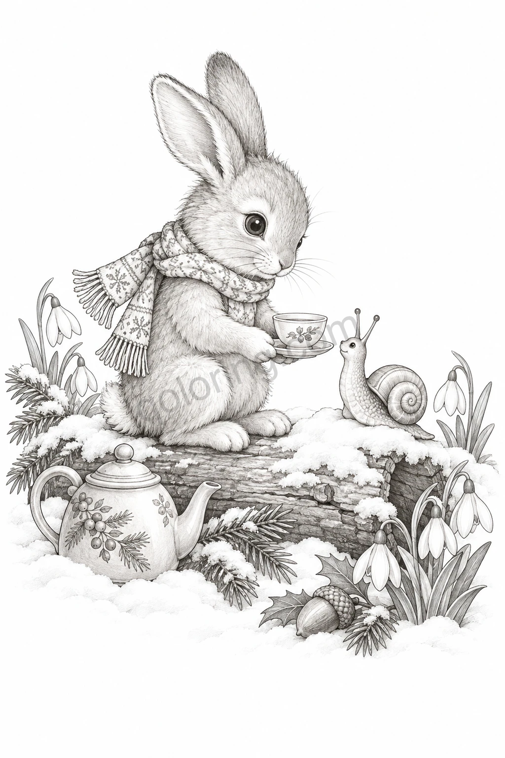 A scarf-wearing rabbit offers a teacup to a snail beside a floral teapot, snowdrops and a snowy log.