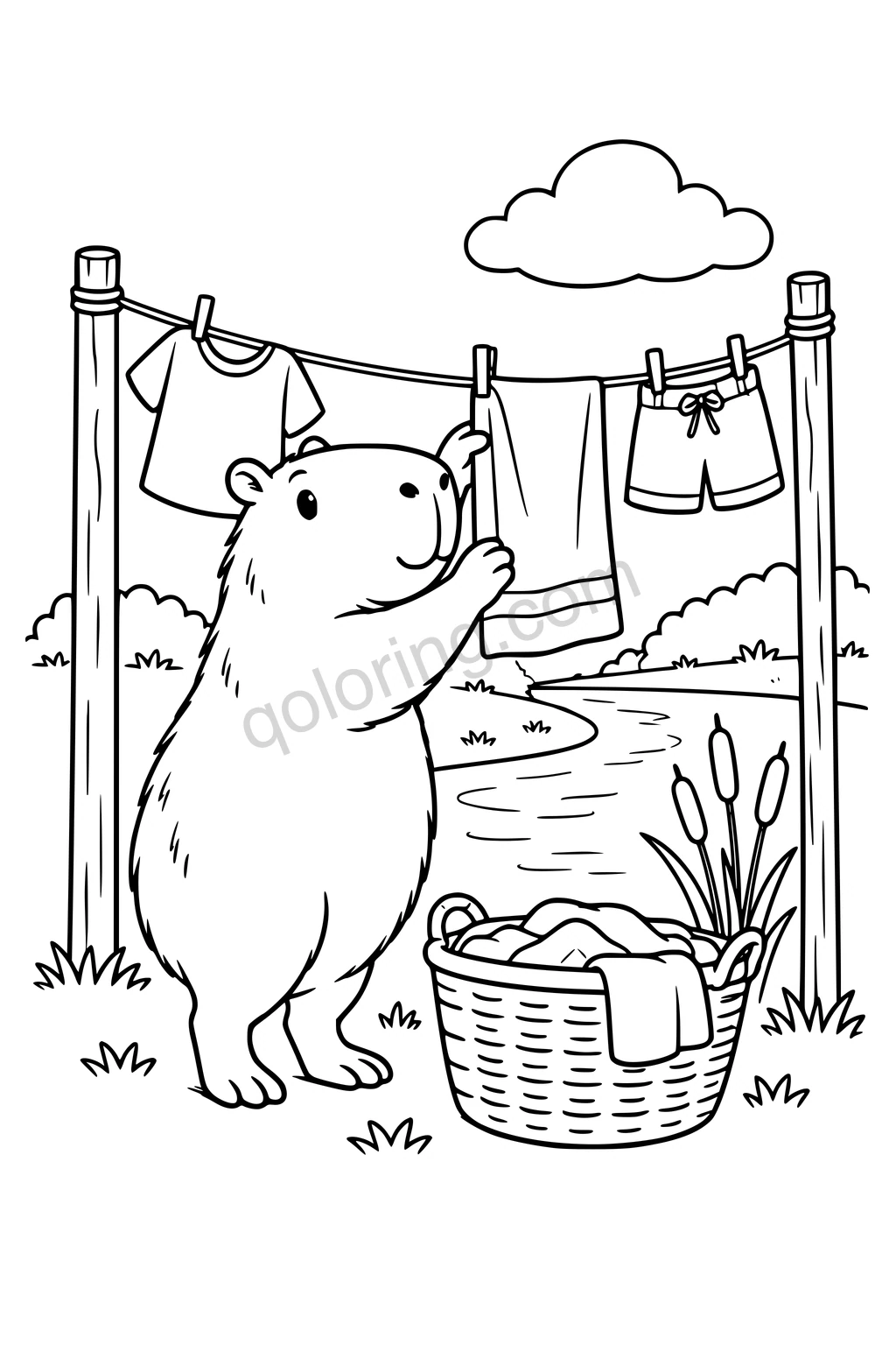 Capybara hanging a towel on a clothesline beside a laundry basket, river, and cattails.