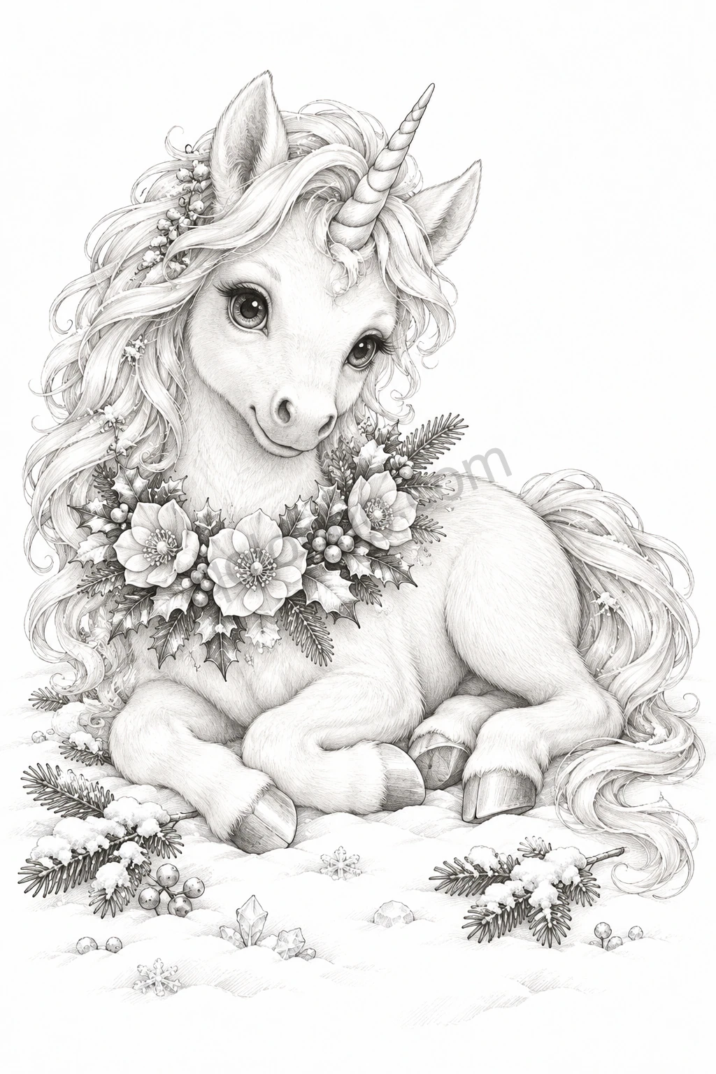 A young unicorn with a flowing mane and floral garland rests among snow, winter roses and pinecones.