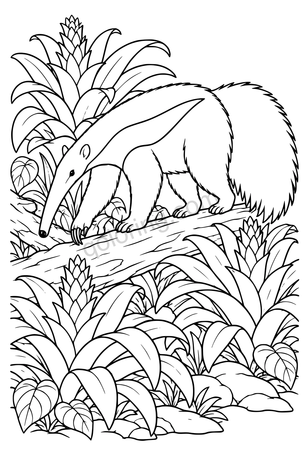 Black outline drawing of a giant anteater among bromeliads.