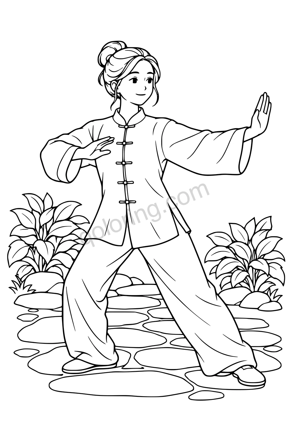 Black outline drawing of a woman practicing tai chi on a garden stone path.