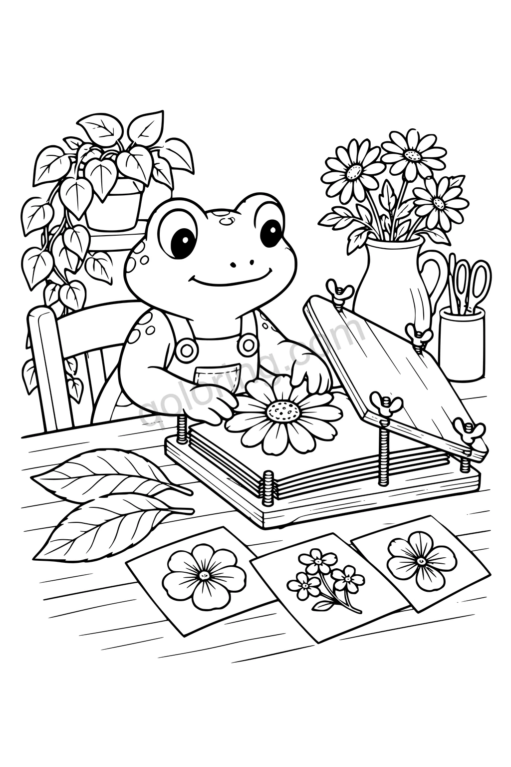 Black outline drawing of a frog placing one large daisy between the open pages of a flower press on a worktable, with two broad leaves and three finished pressed flowers laid separately.