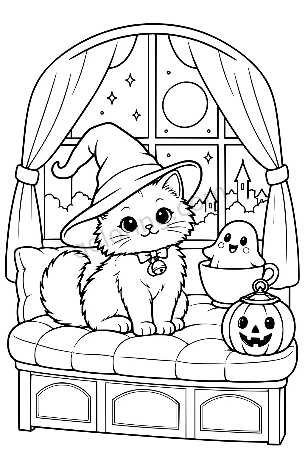 A kitten in a witch hat sits on a cushioned window seat beside a pumpkin lantern and a ghost in a cup.