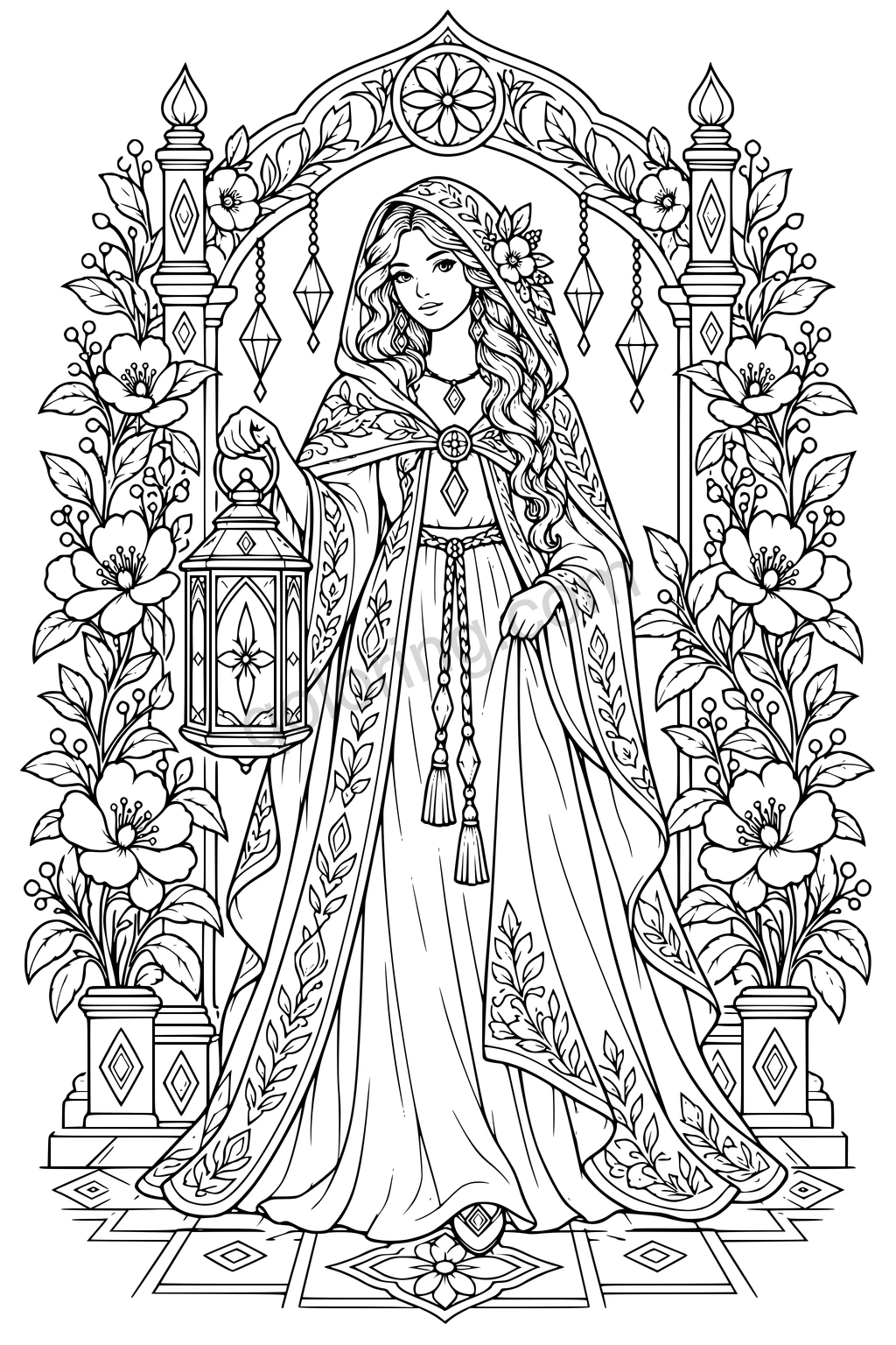 A cloaked woman holds a lantern beneath a floral arch with hanging geometric ornaments and a tiled floor.