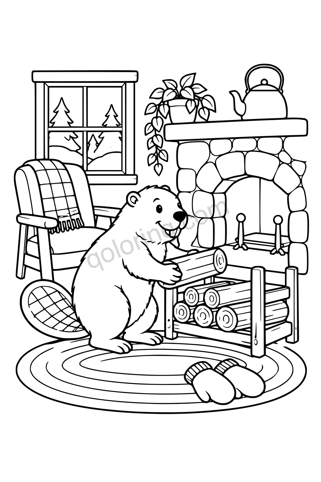 Black outline drawing of a beaver placing a rounded log into a low firewood rack beside a simple unlit hearth, with a broad hearth rug, a kettle and one pair of mittens.