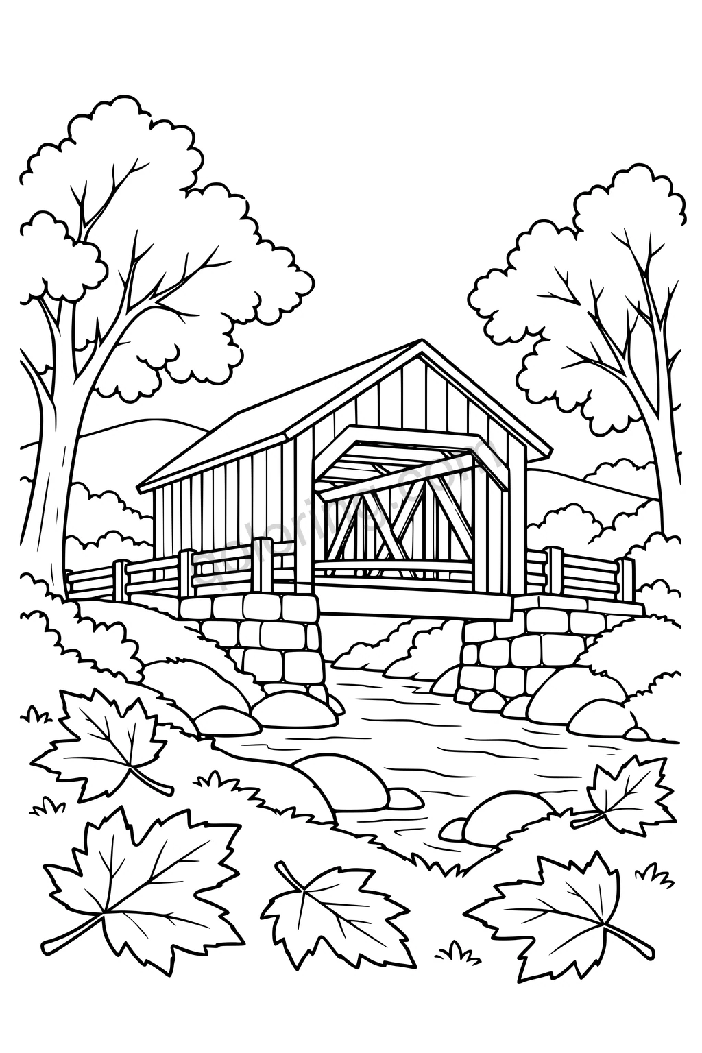 Black outline drawing of a covered bridge above a stream with large autumn leaves.