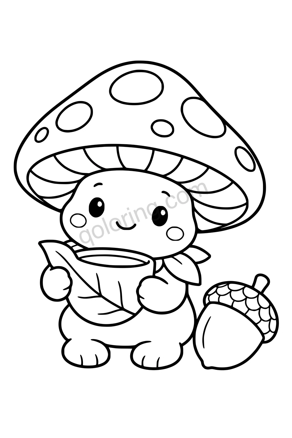 Black outline coloring page: Mushroom Sprite with a Leaf Cup.