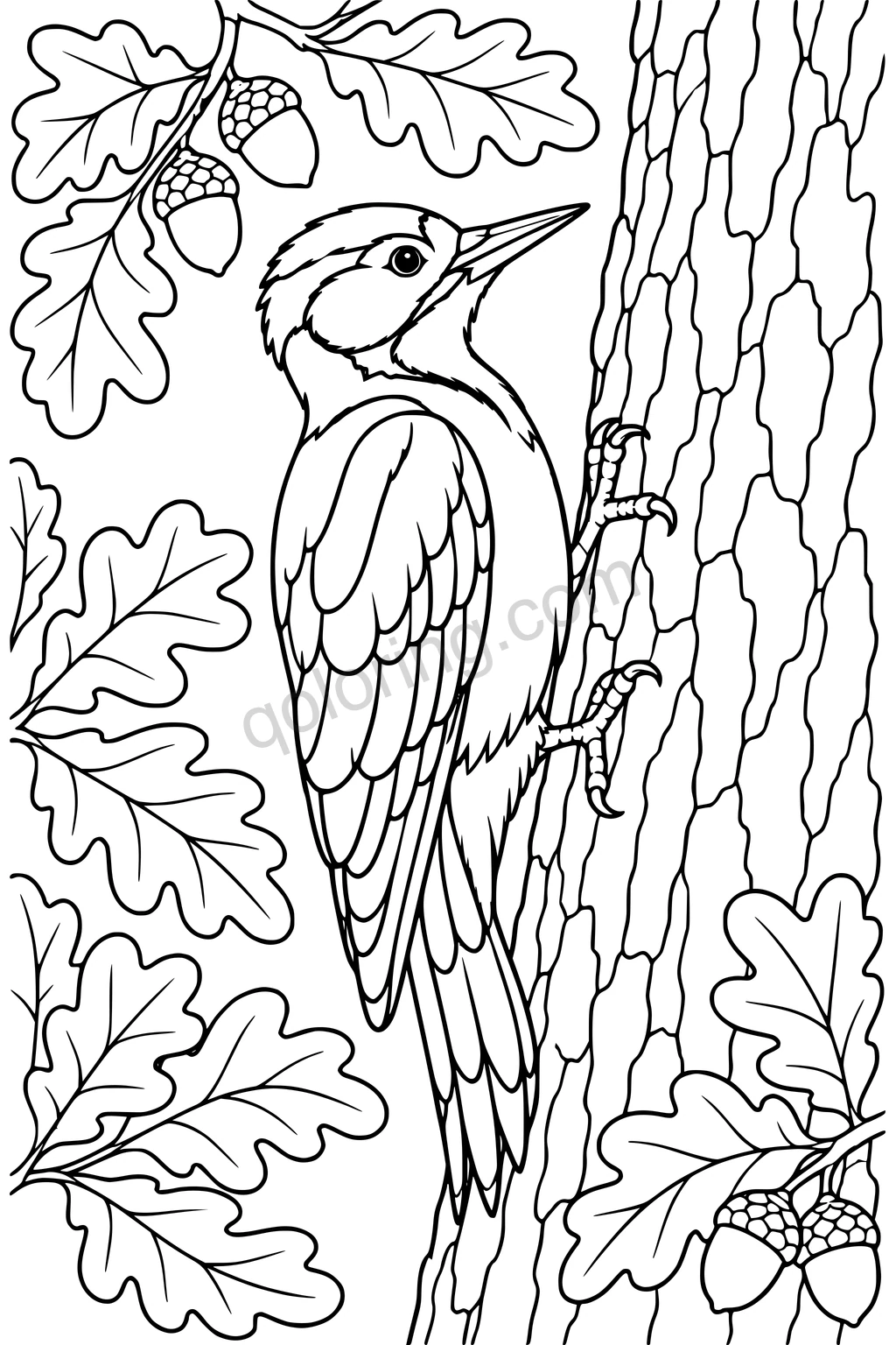 A woodpecker clings to an oak trunk beside broad leaves and acorns.