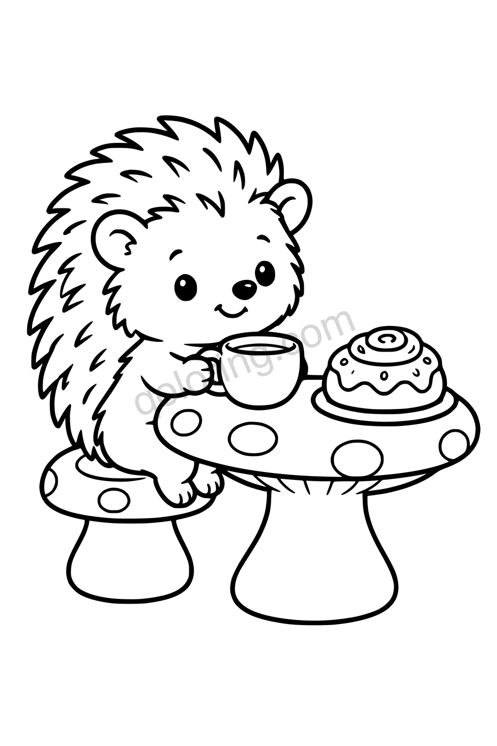 Black outline coloring page: Hedgehog's Mushroom Breakfast.