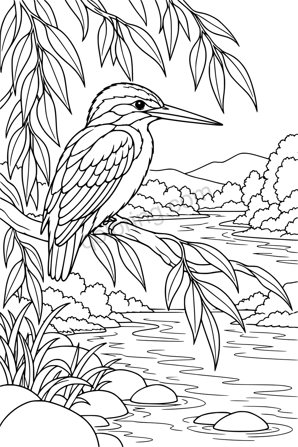 A kingfisher perches on a willow branch over a winding river, with long leaves and smooth rocks.