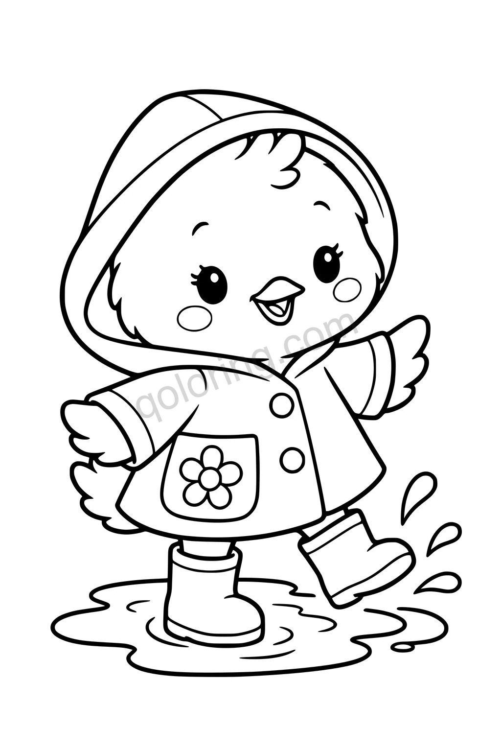 Black outline coloring page: Chick in a Flower Raincoat.