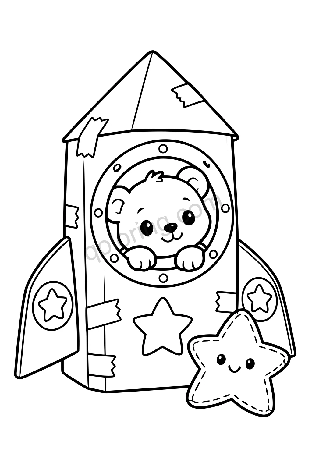Black outline coloring page: Bear Cub in a Cardboard Rocket.