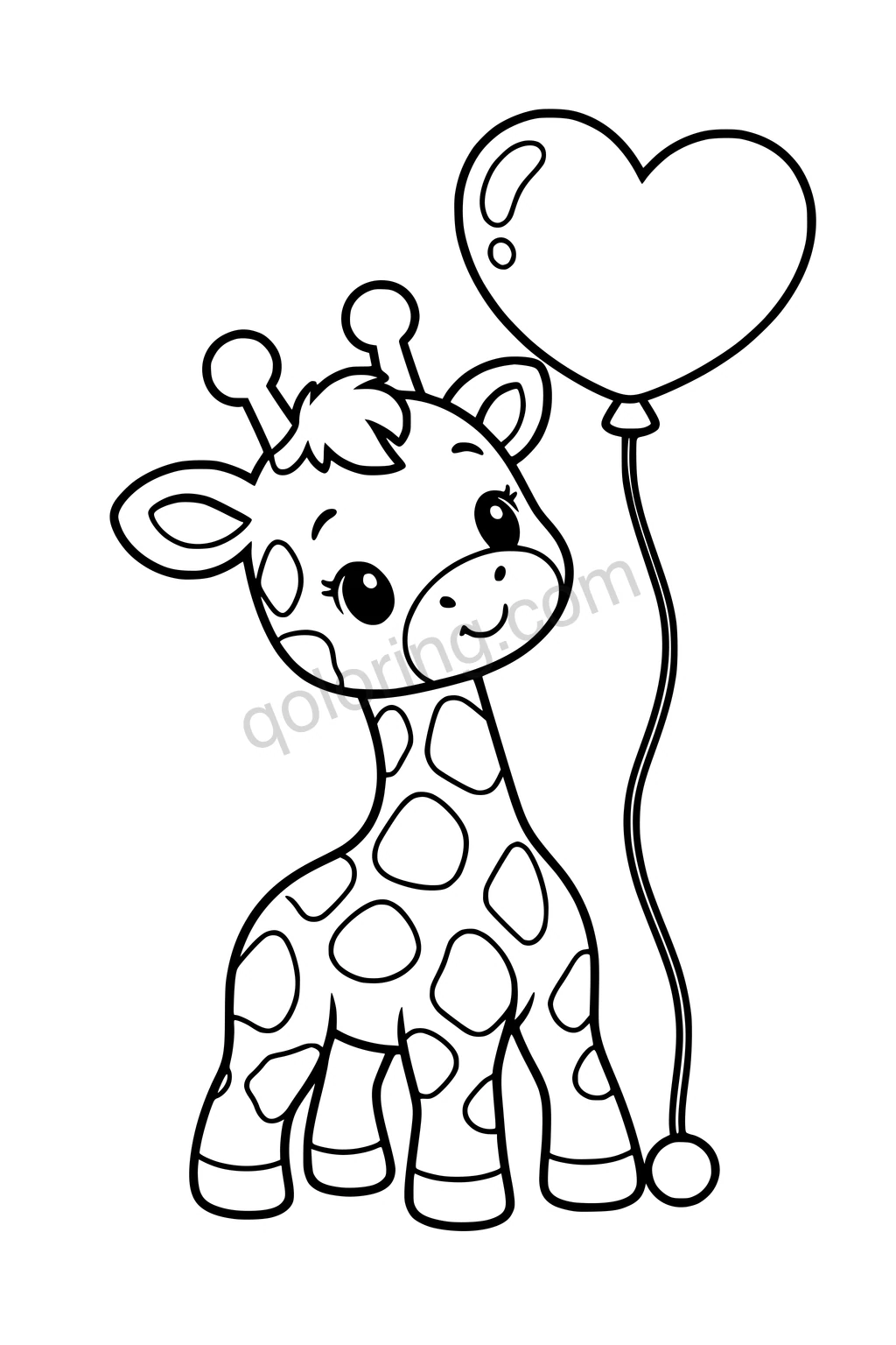 Black outline coloring page: Baby Giraffe and the Balloon.