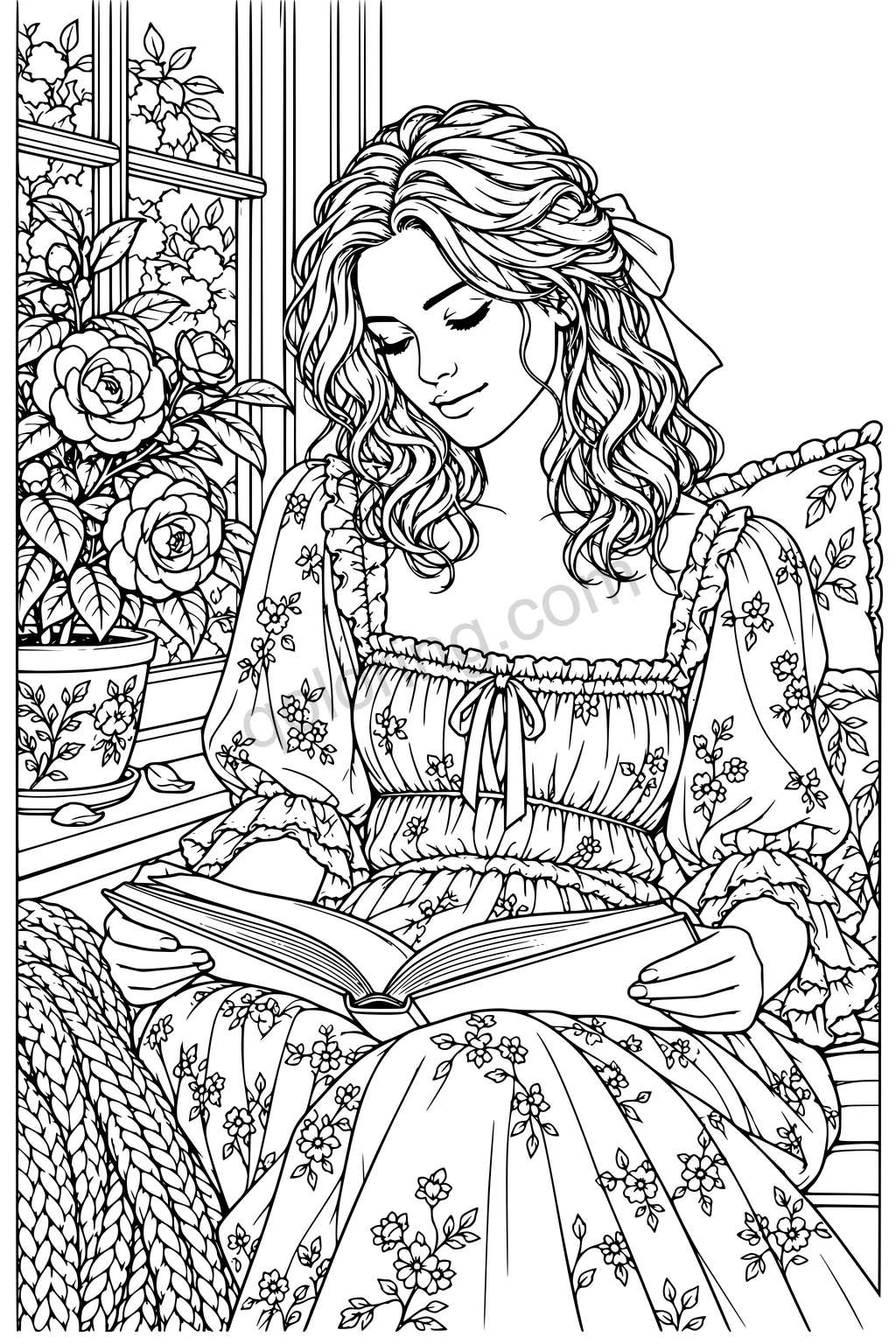 A woman reads an open book beside a window framed by camellias, with flowing hair, a floral dress and a woven chair in a detailed outline illustration.