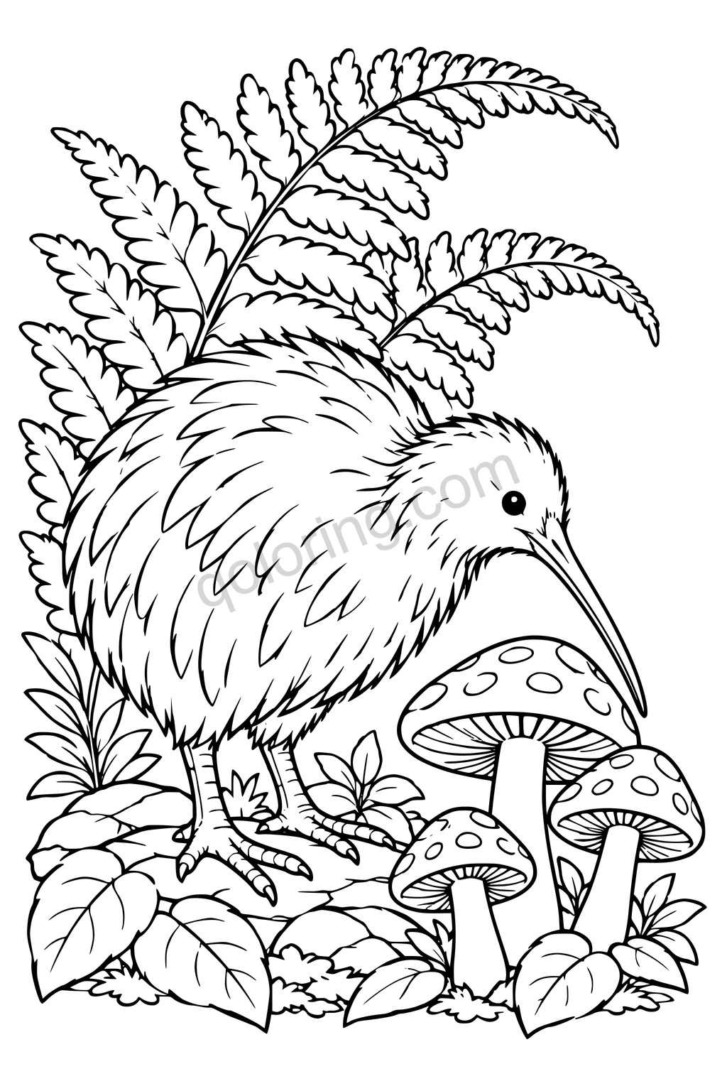 Black outline drawing of a kiwi beside forest mushrooms.