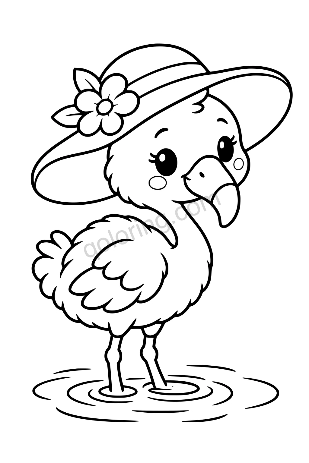 Black outline coloring page: Flamingo Chick with a Sun Hat.