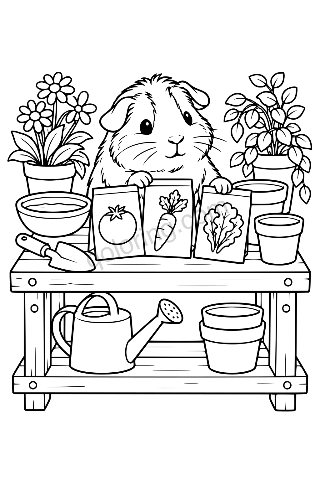 Black outline drawing of a guinea pig at a potting bench choosing among three large seed packets bearing simple outline vegetable pictures but no text, with a watering bowl and two empty pots.