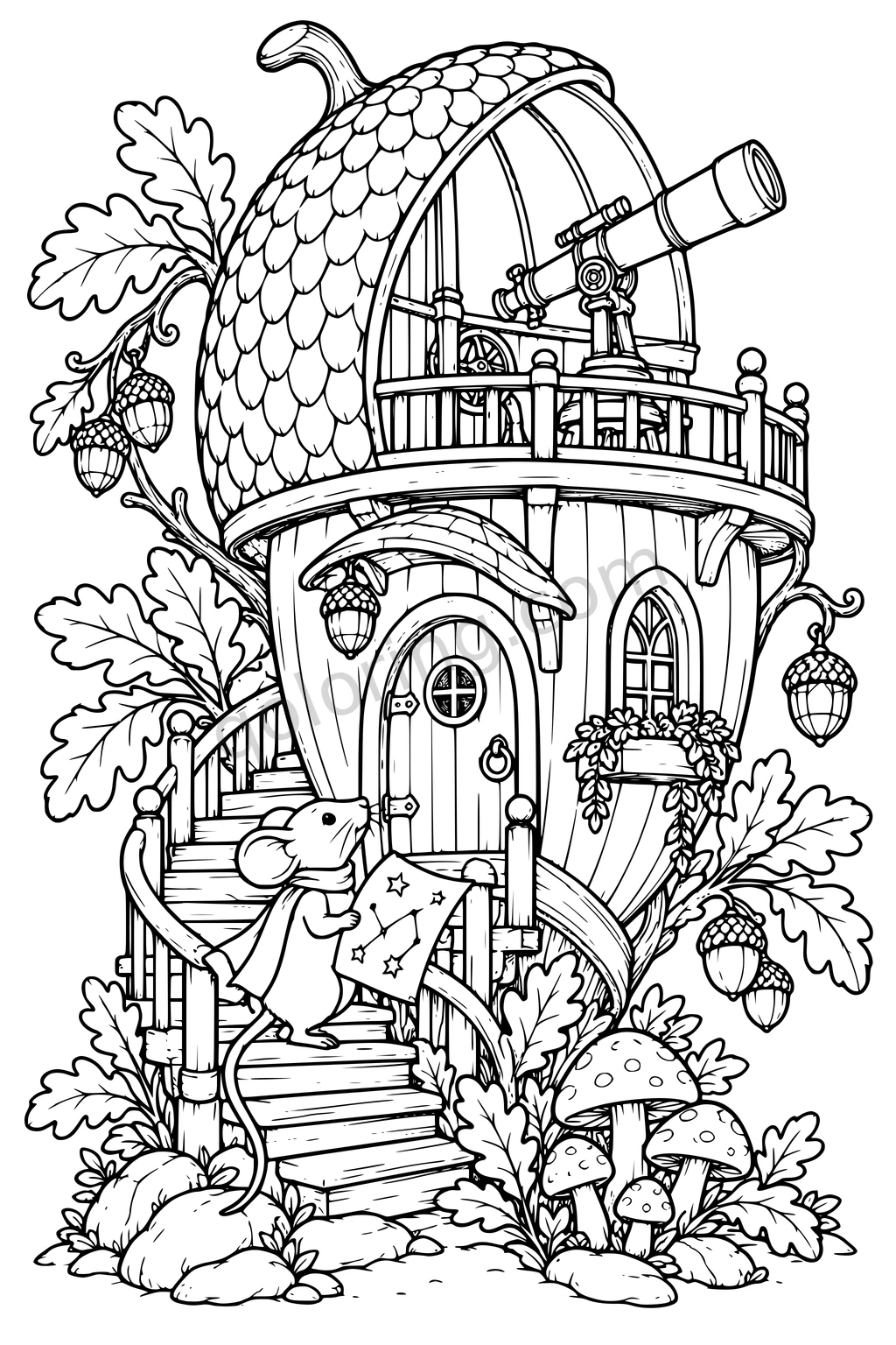 A mouse holding a star chart climbs the stairs of an acorn observatory with a telescope, oak leaves, acorn lanterns and mushrooms.