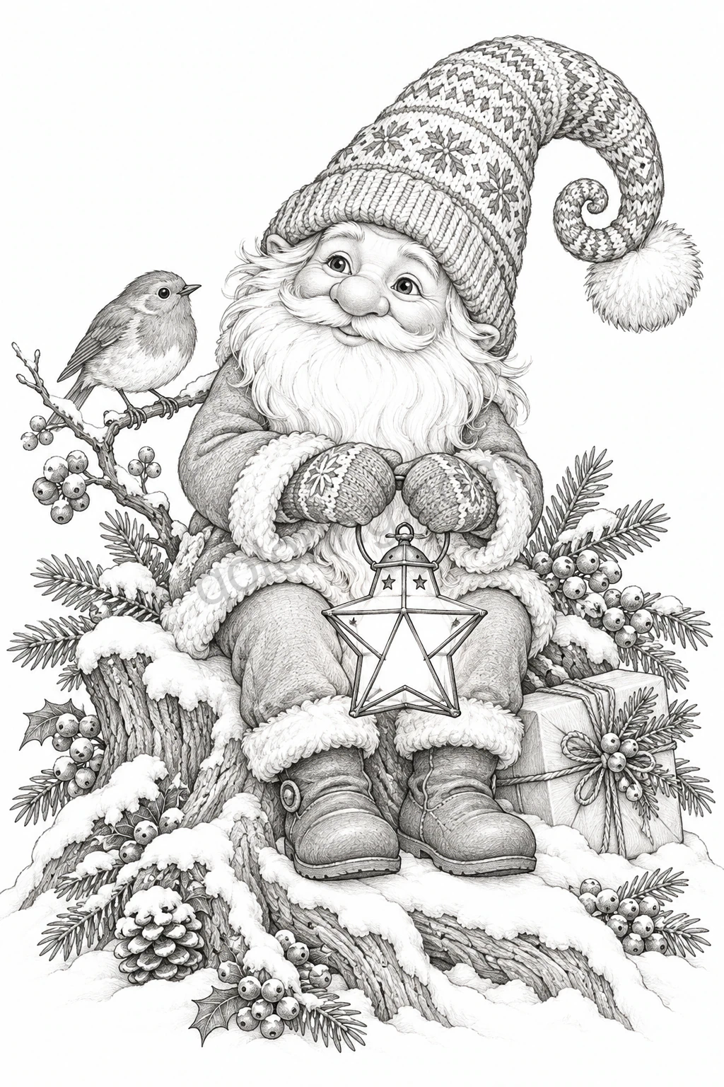 A smiling gnome in a curled knitted hat holds a star lantern beside a robin and snowy pinecones.