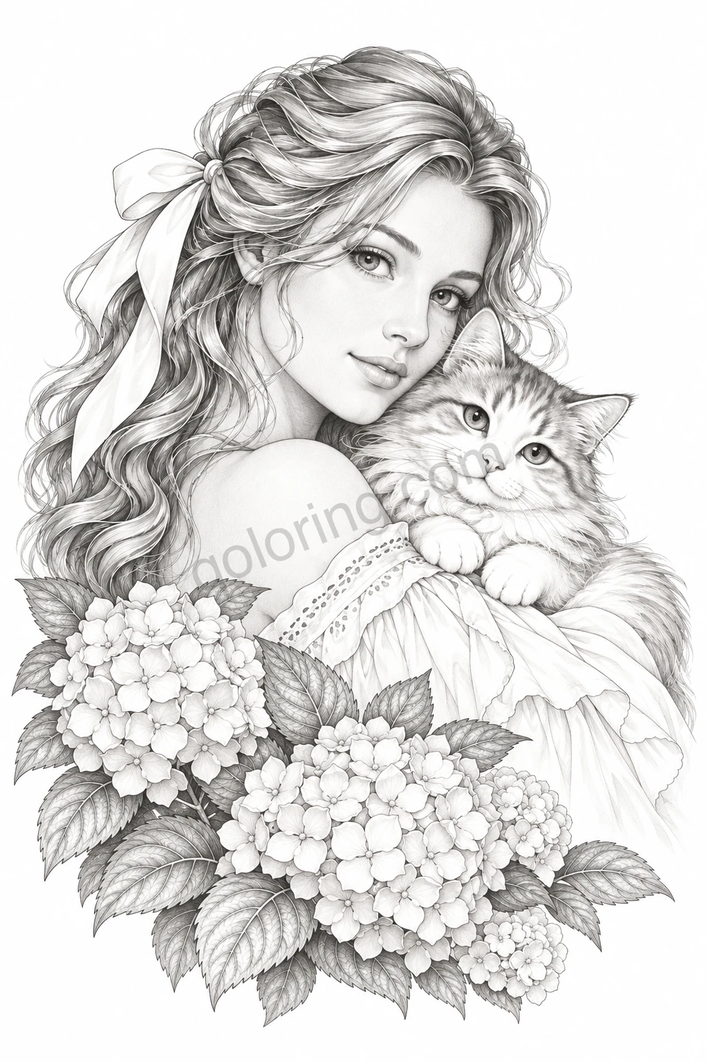 A woman with long curls and a bow cuddles a kitten above hydrangea clusters and leaves.