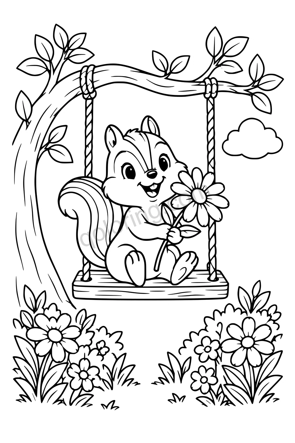 Chipmunk holding a daisy on a rope swing beneath a leafy branch, with flowers below.
