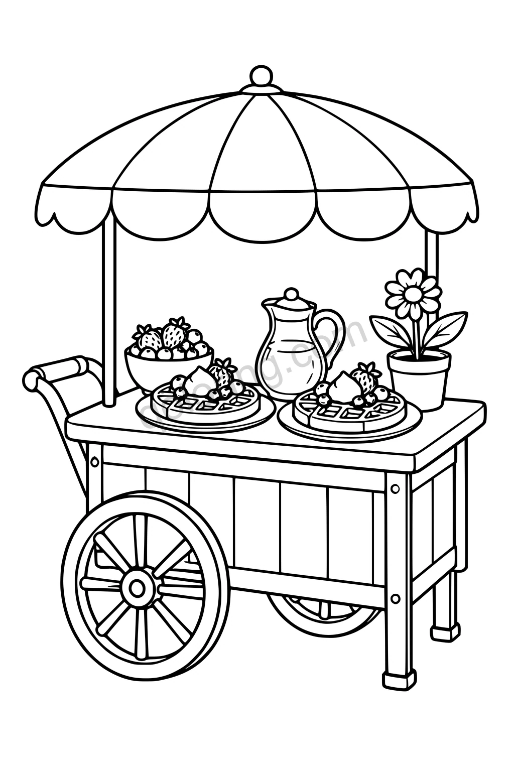 Black outline drawing of a small unoccupied park cart with a broad canopy, two large waffles on plates, a syrup jug, a small bowl of berries and one potted daisy, no text.
