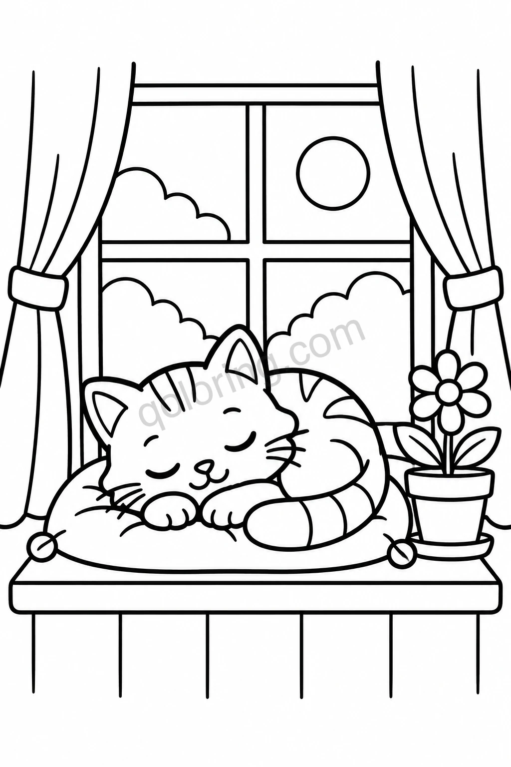A striped cat curled on a cushion with both eyes closed, beside a curtained window and a potted flower.