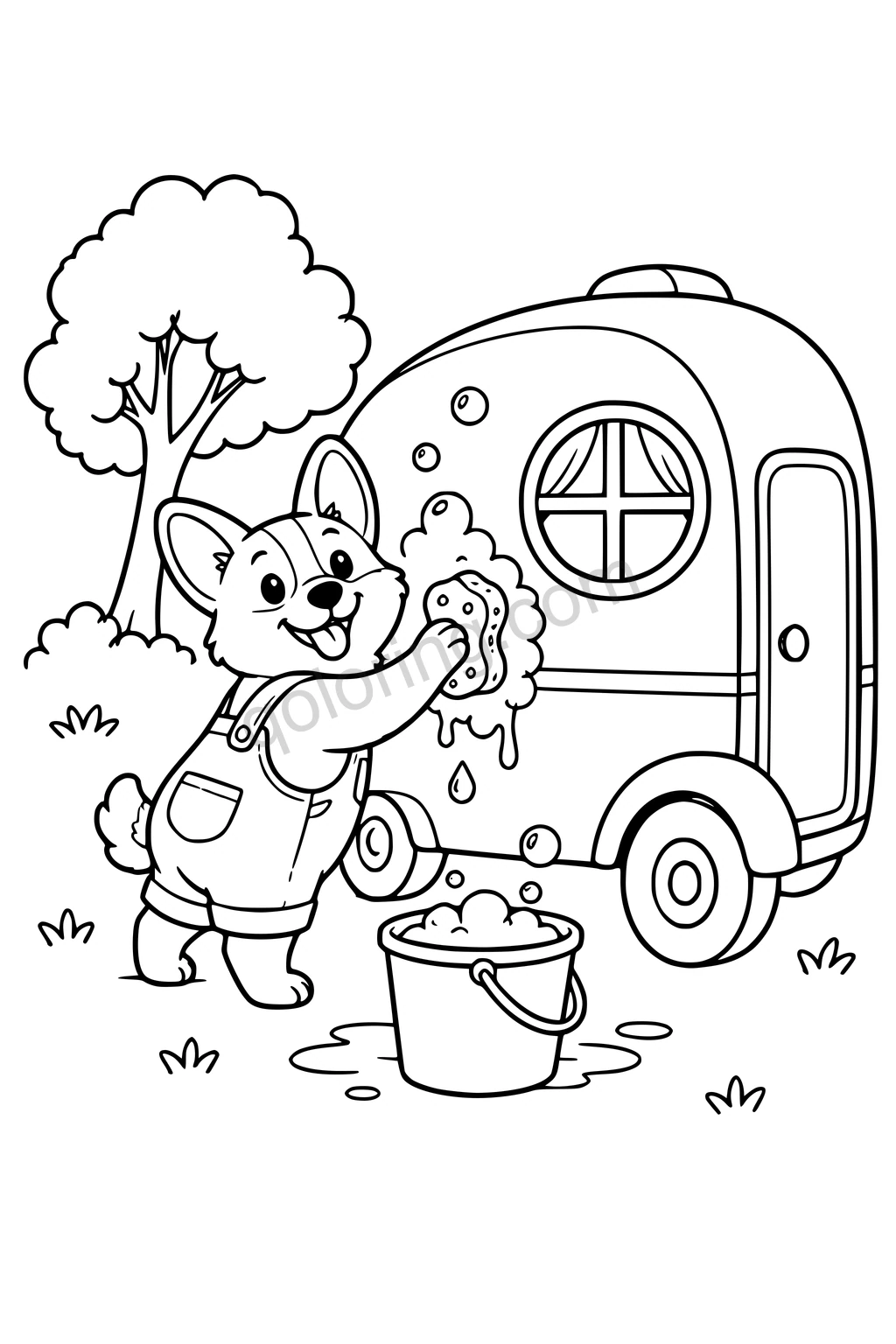 Corgi washing a small camper beside a bucket of bubbles and a leafy tree.