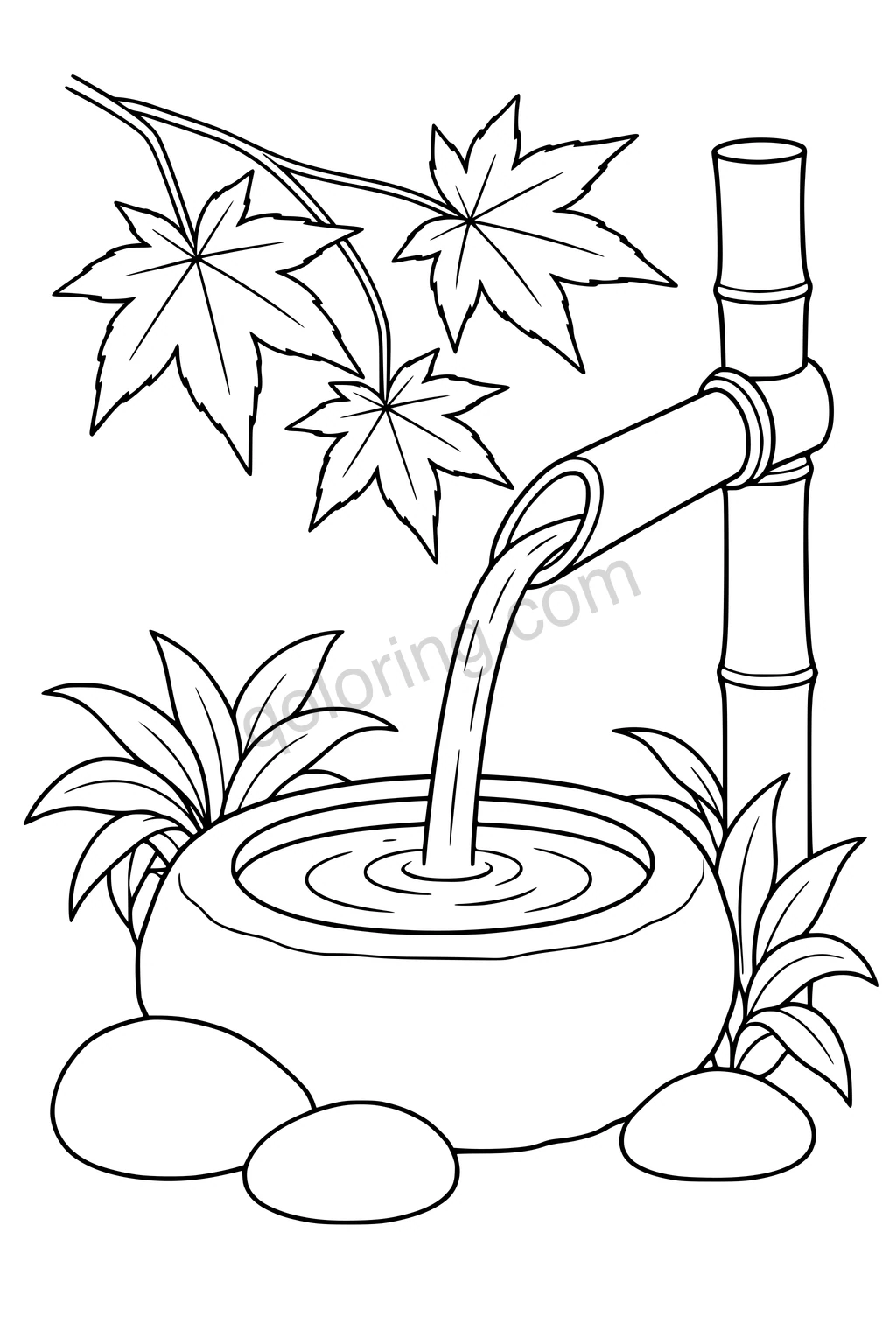 Black outline drawing of a bamboo water spout and stone basin beneath maple leaves.