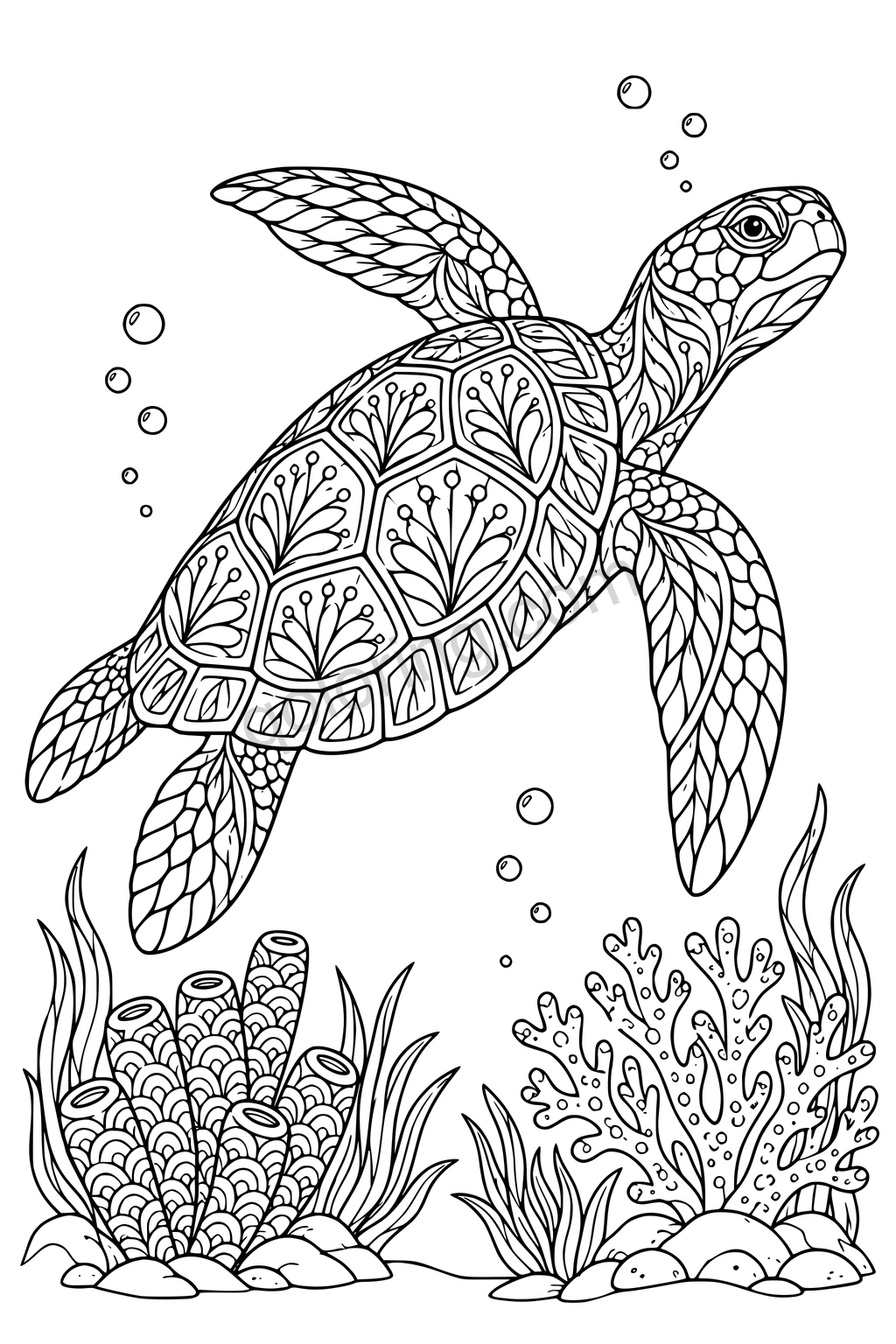 A sea turtle with an ornamental shell and patterned flippers swims above a reef among bubbles and underwater plants.