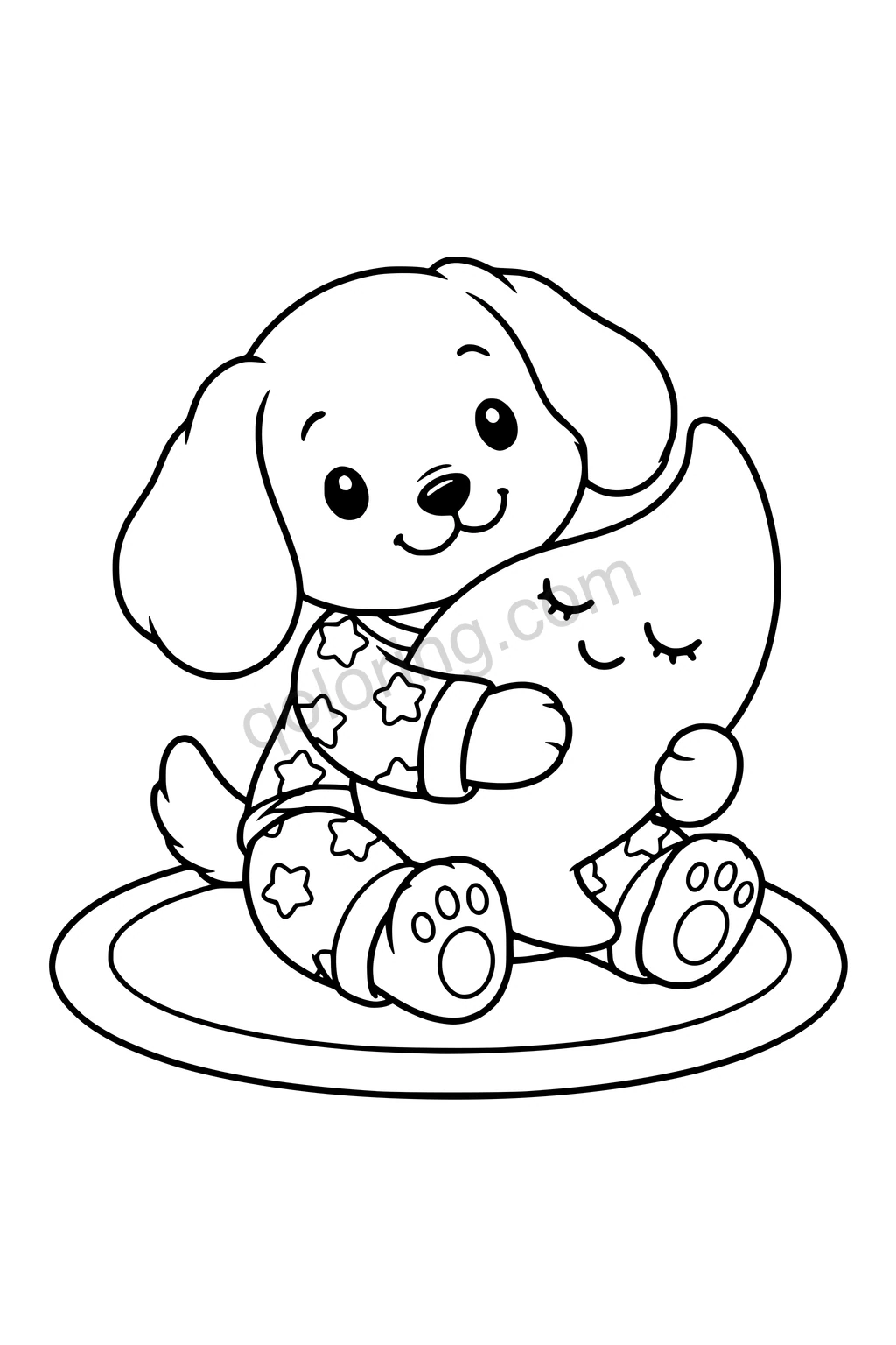 Black outline coloring page: Puppy Hugging a Moon Pillow.