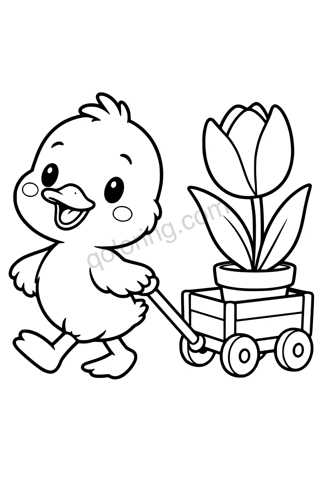 Black outline coloring page: Duckling with a Tulip Wagon.