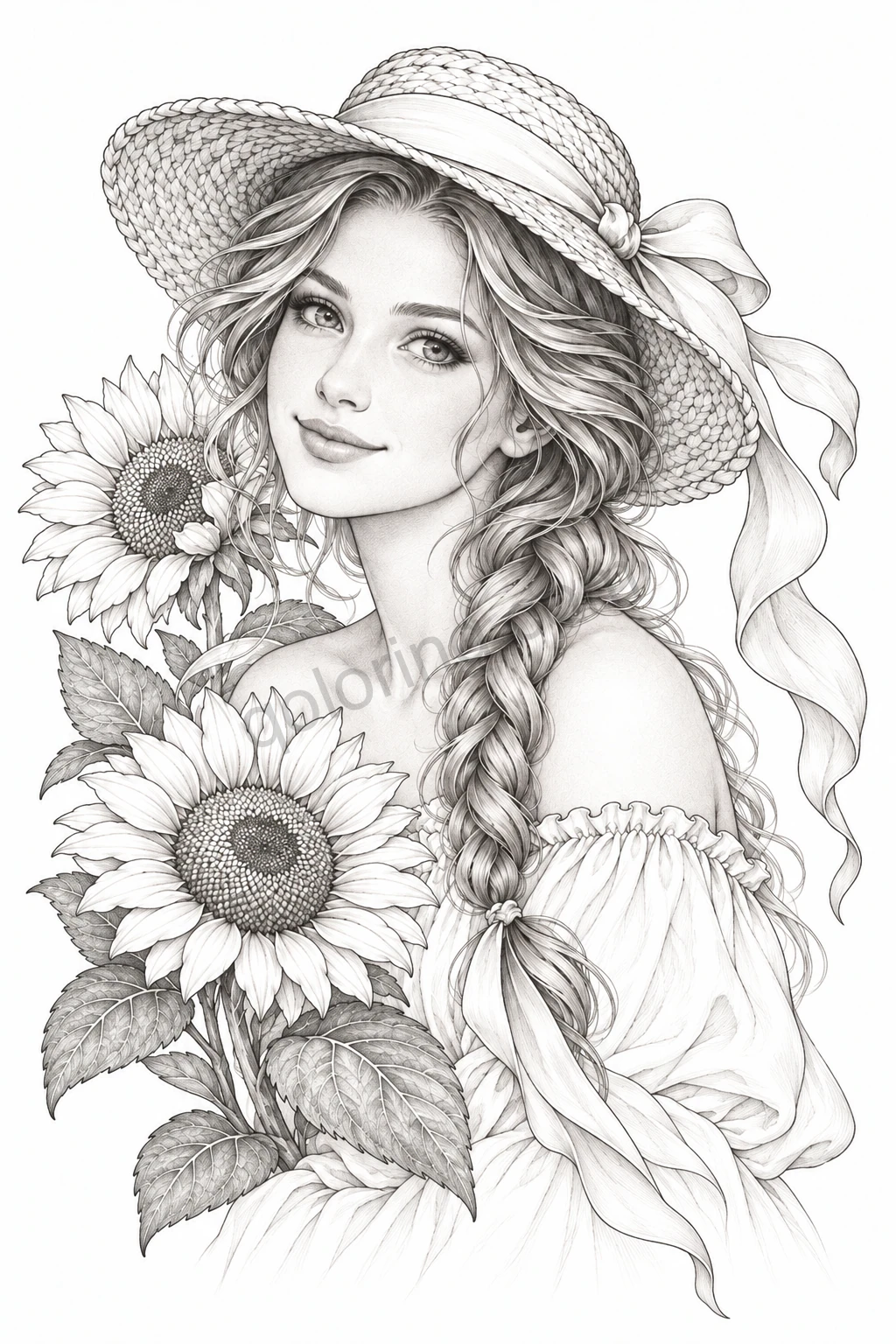 A woman with a long braid and a broad woven sunhat holds blooming sunflowers.