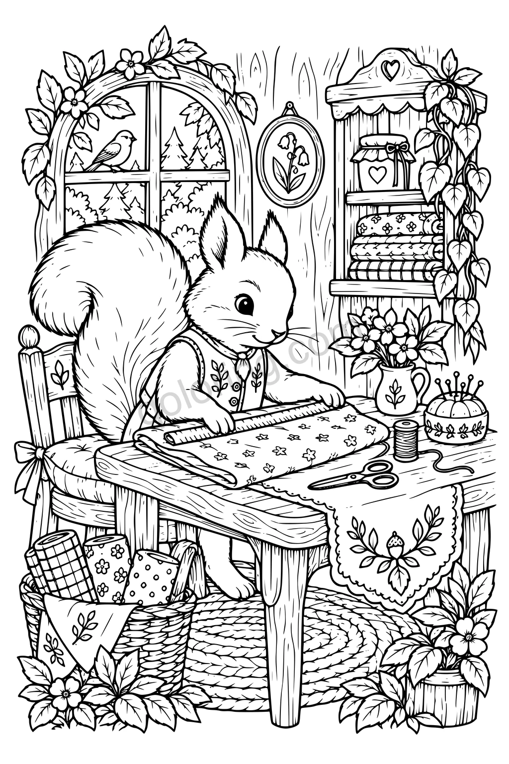 A squirrel measuring patterned fabric at a table with scissors, thread and a pincushion.