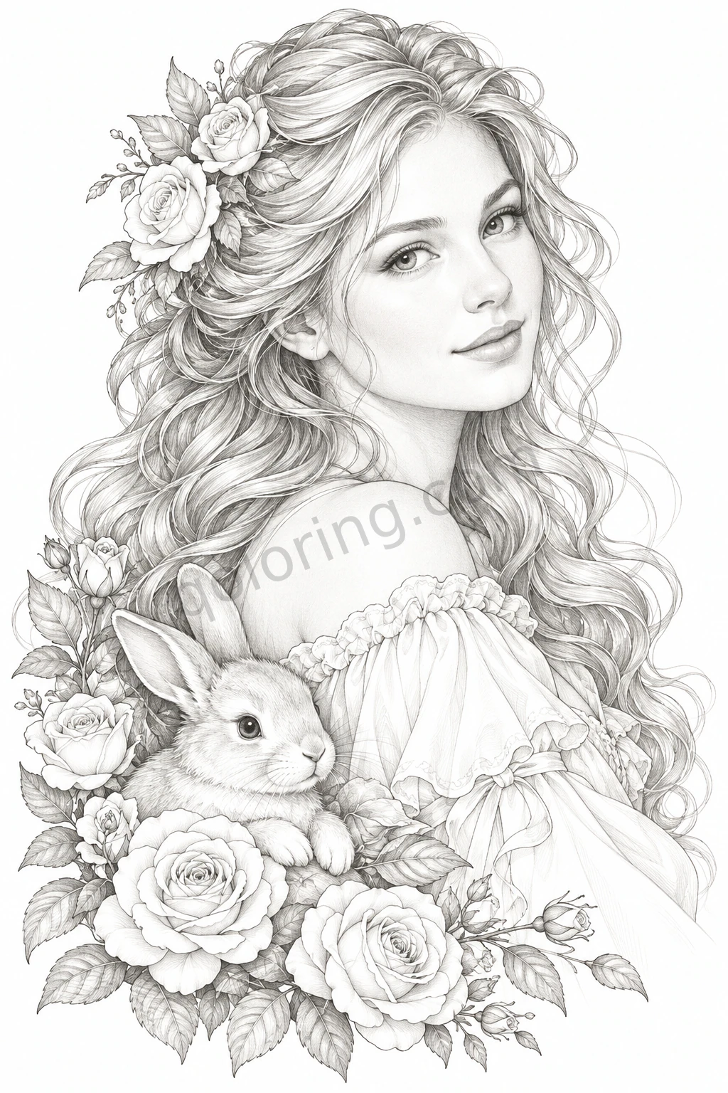 A woman with long flowing curls and a small rabbit rests among layered garden roses and leaves.