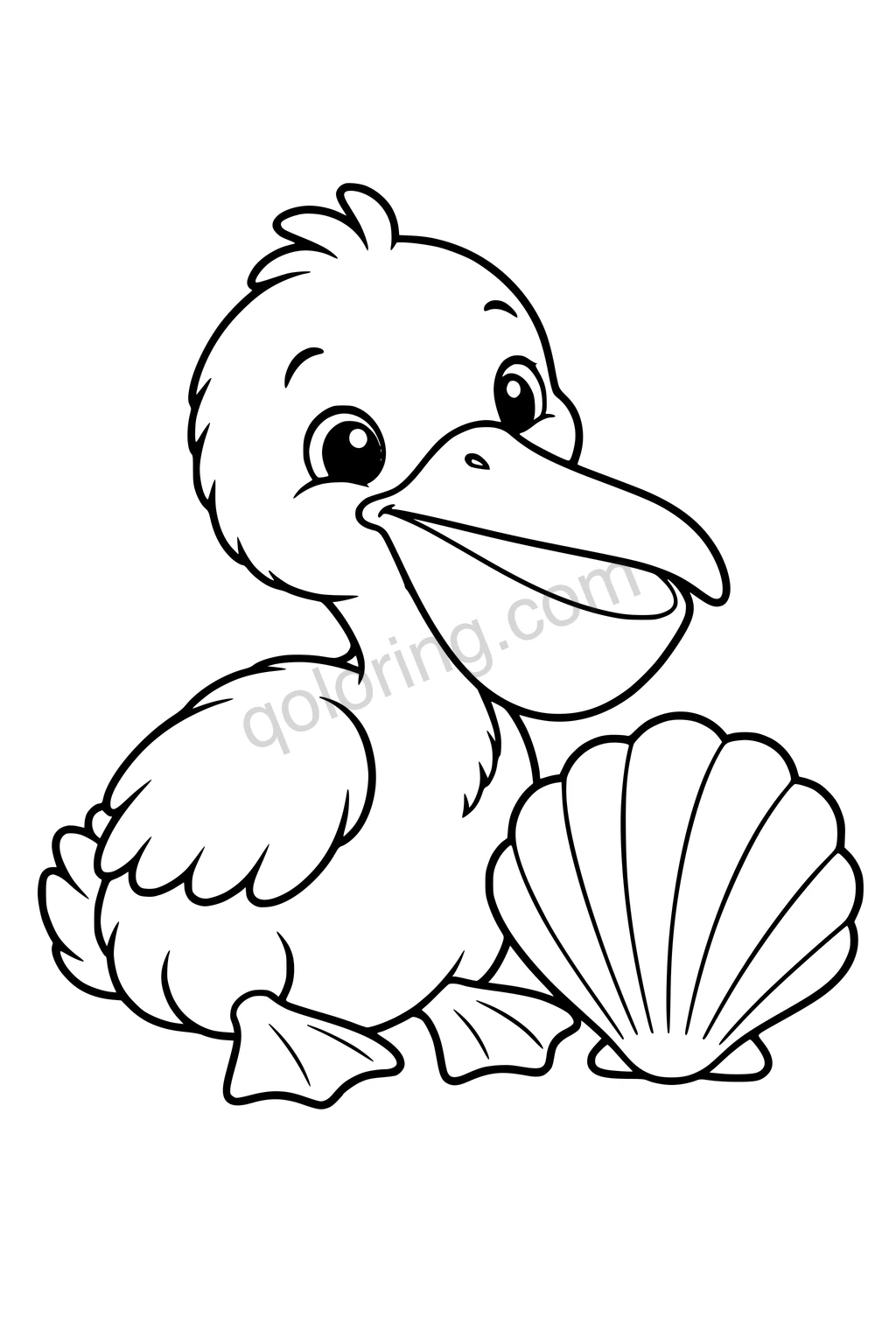 Black outline coloring page: Pelican Chick and the Shell.