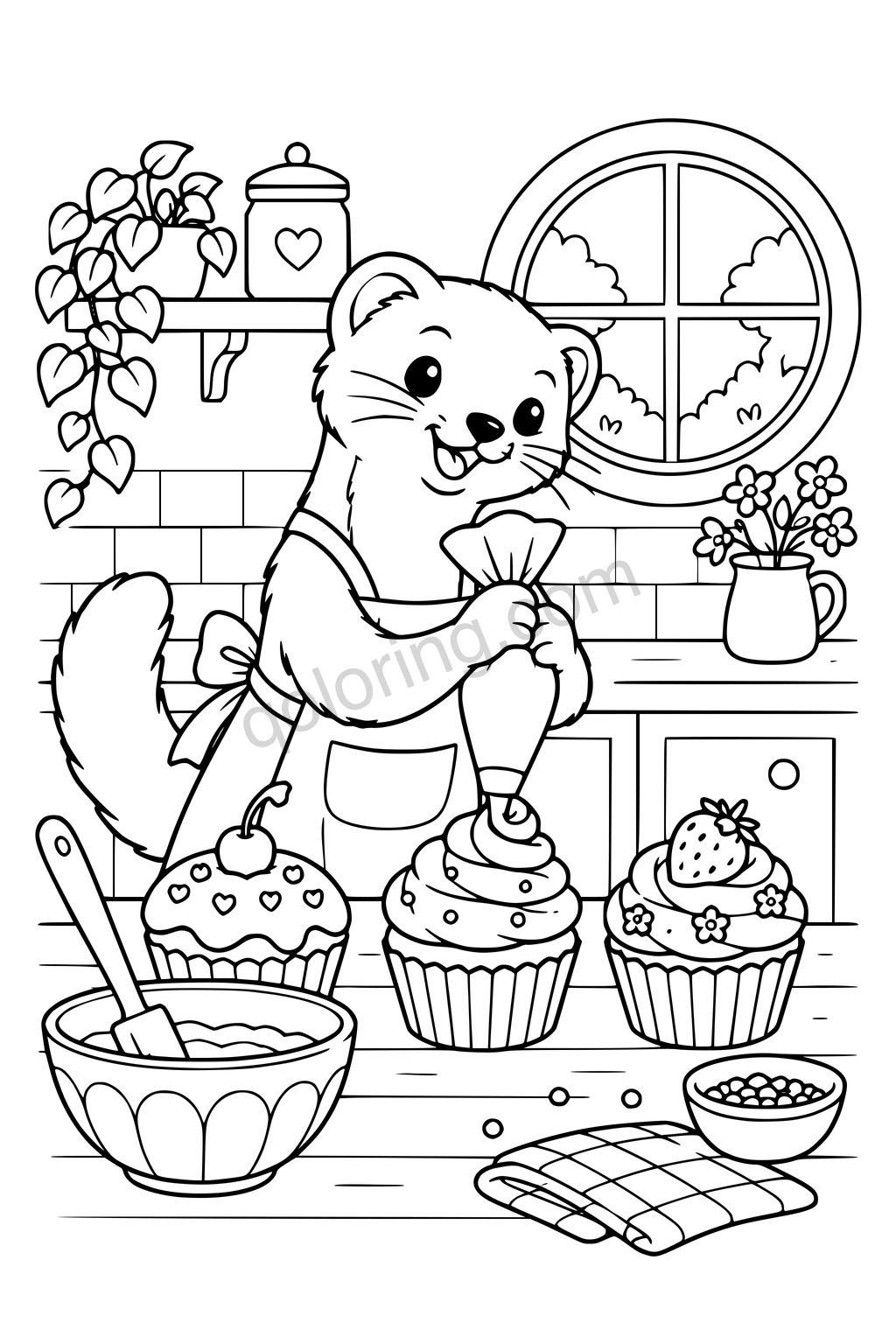 Ferret piping icing onto three cupcakes beside mixing bowls, a spatula, and a round kitchen window.