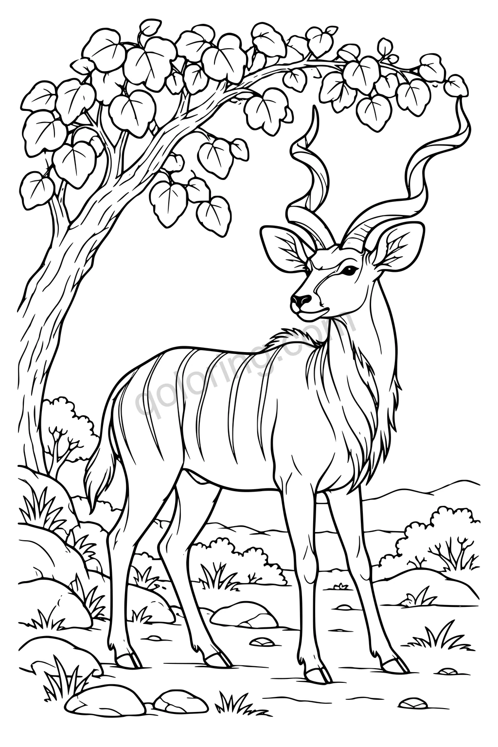 Black outline drawing of a kudu beneath mopane leaves.