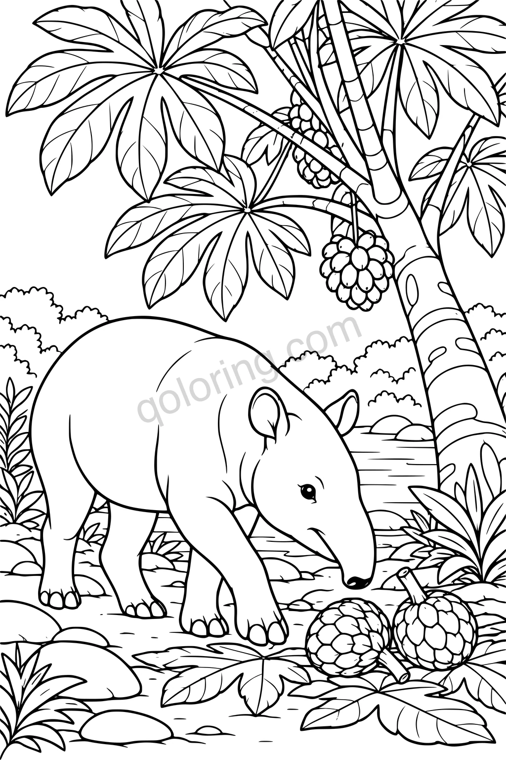 Black outline drawing of a tapir beneath a cecropia tree.