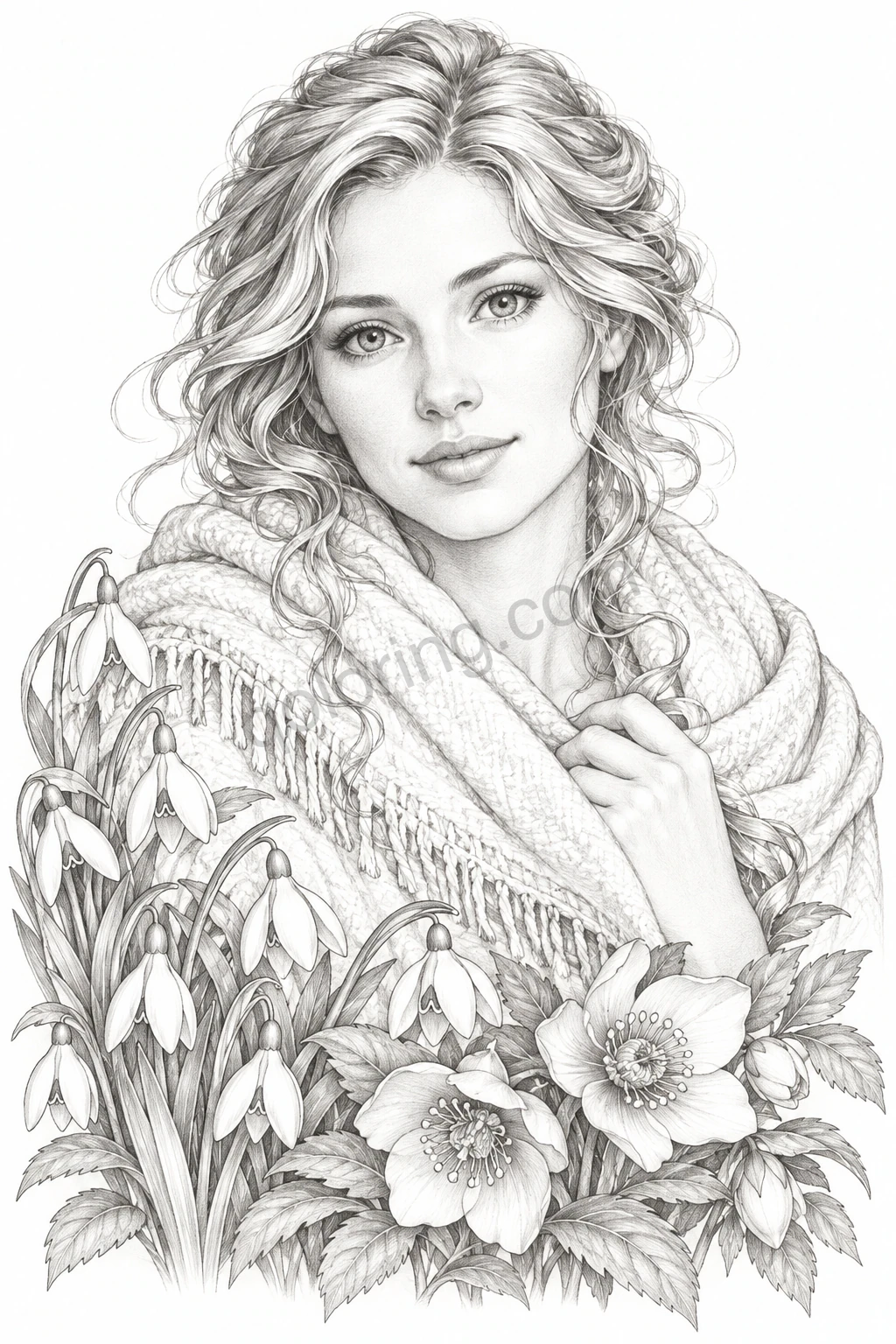 A woman in a warm knitted shawl sits among snowdrops, hellebores and leaves.