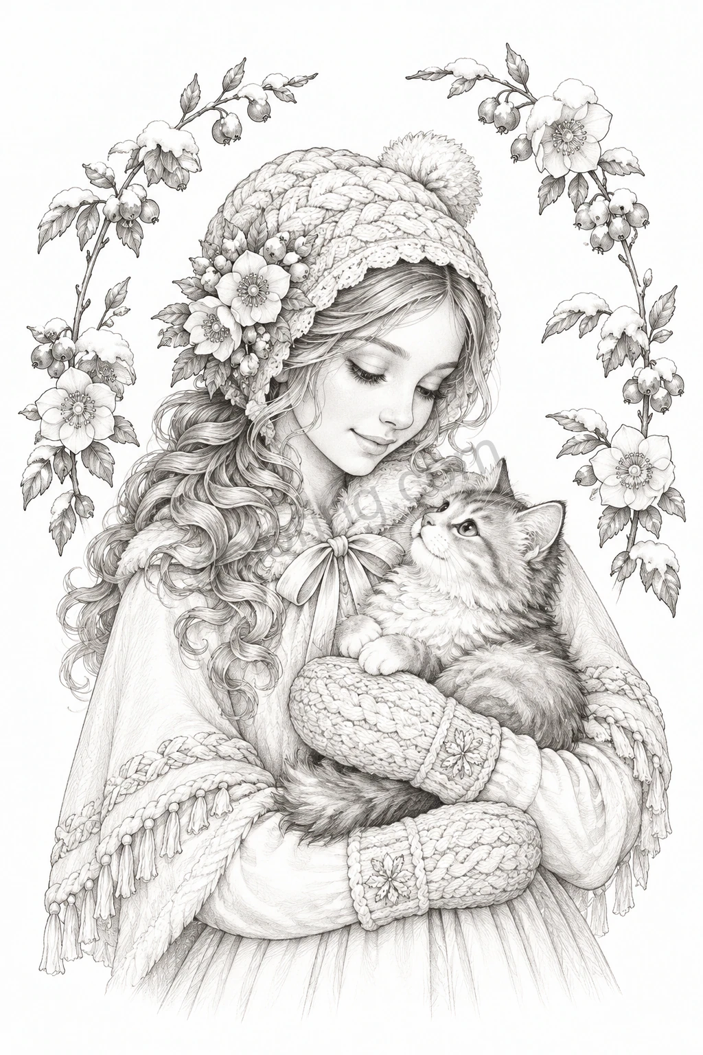 A woman in a flowered knitted hat and mittens cuddles a fluffy kitten beneath an arch of winter blooms.