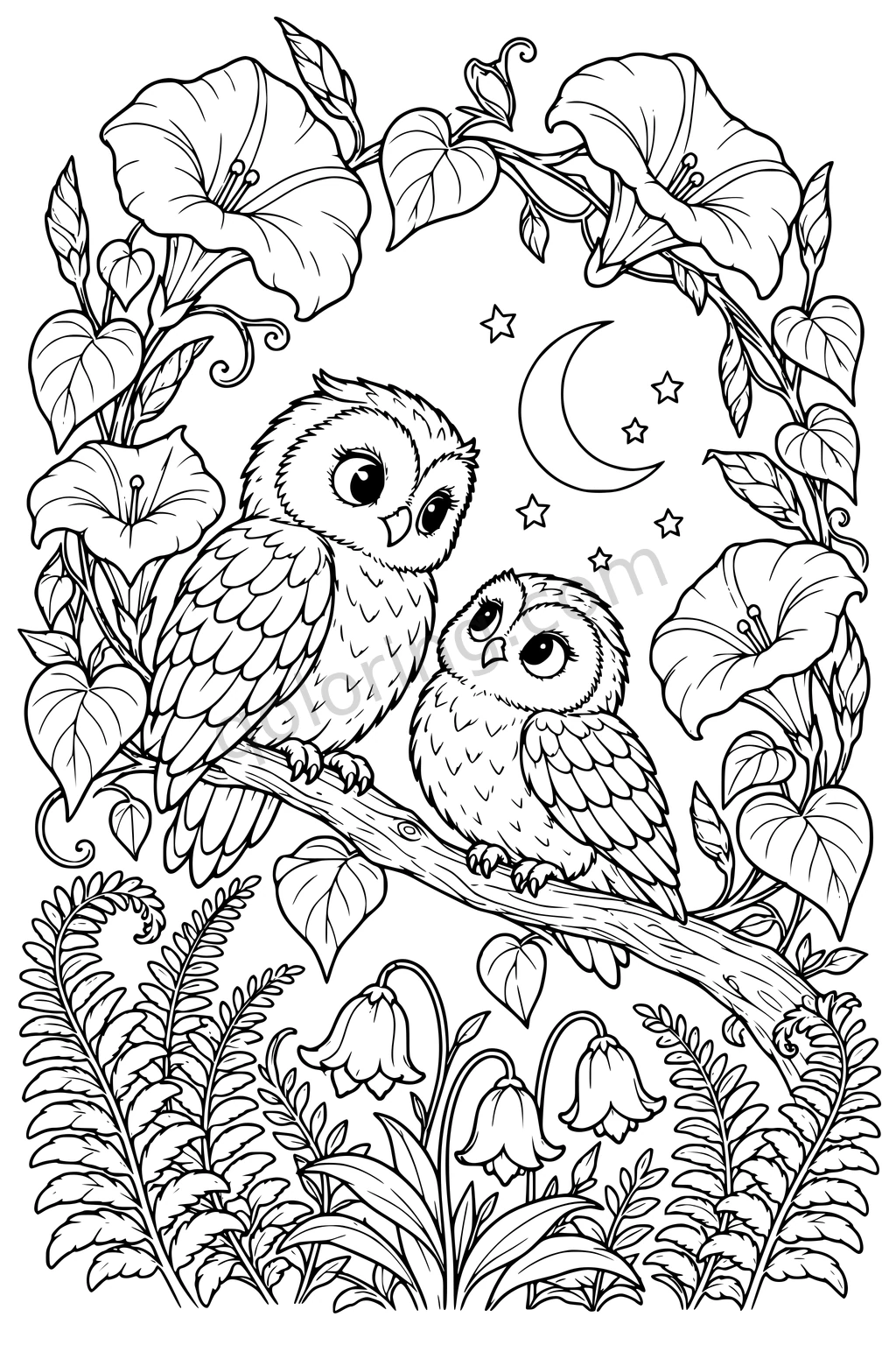 Two owls perch on a branch surrounded by moonflowers, ferns, hanging bells and a crescent moon.
