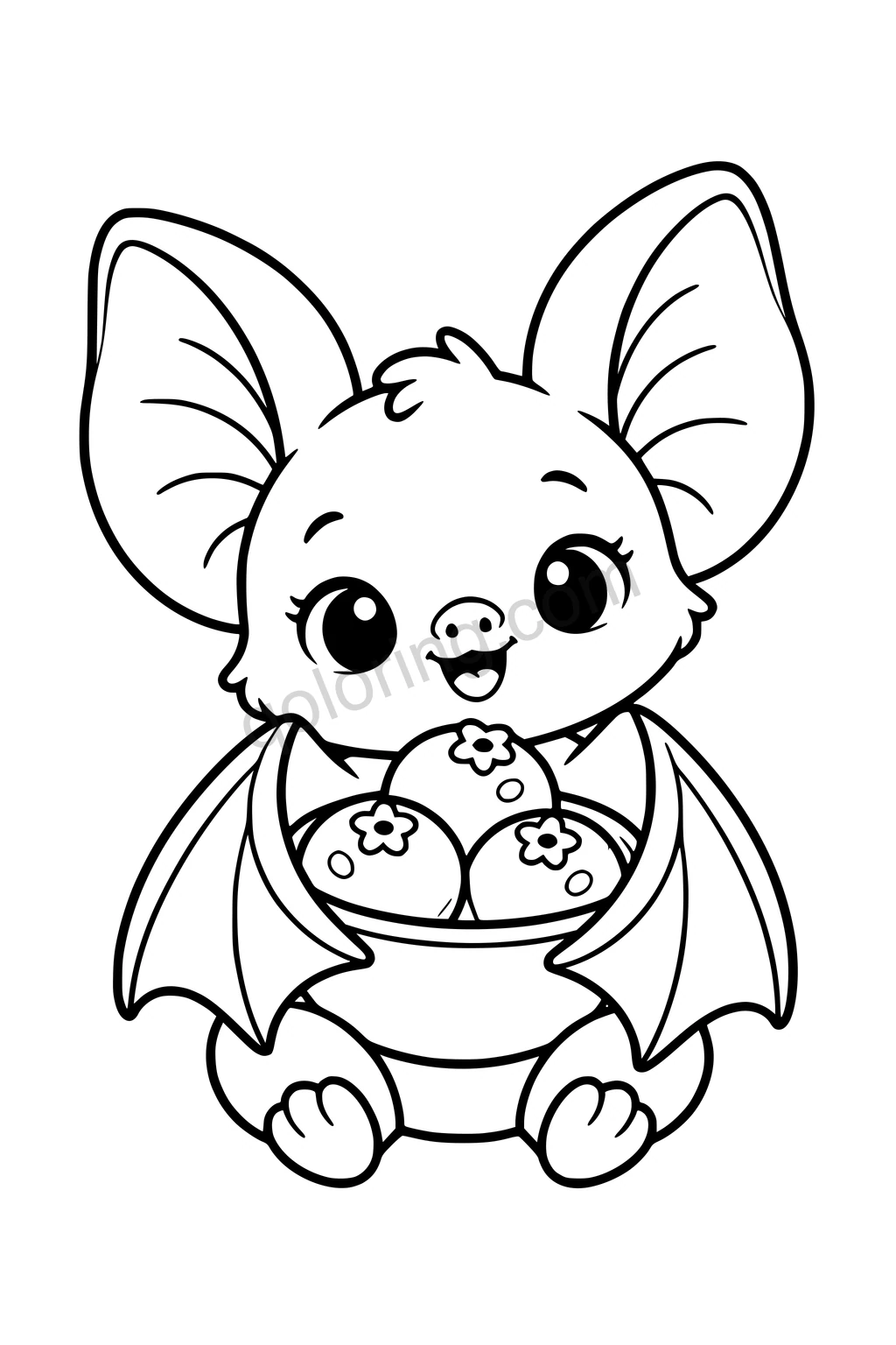 Black outline coloring page: Baby Bat with a Berry Bowl.