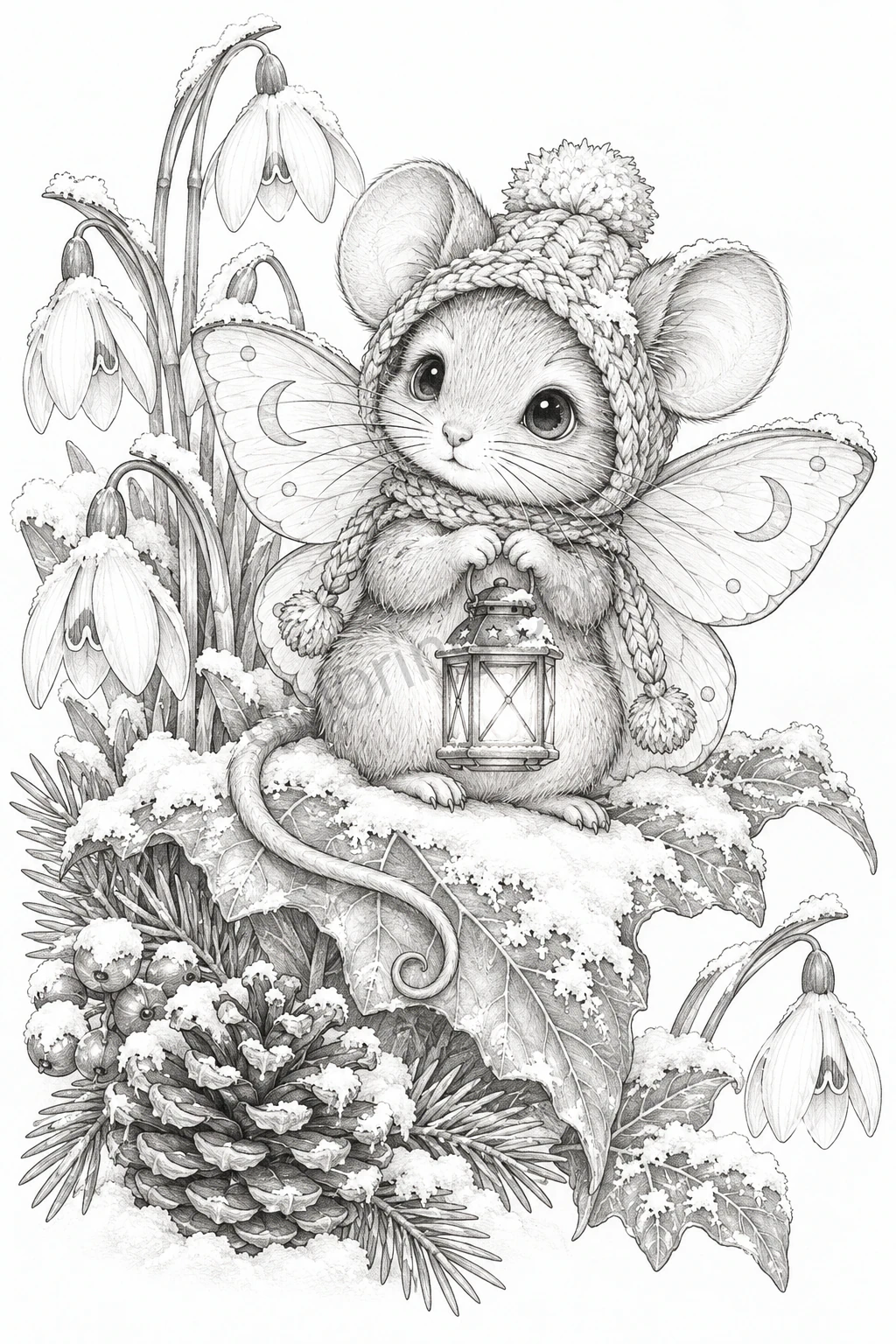 A winged mouse in a knitted bonnet carries a lantern beside snowdrops and a snowy stump.
