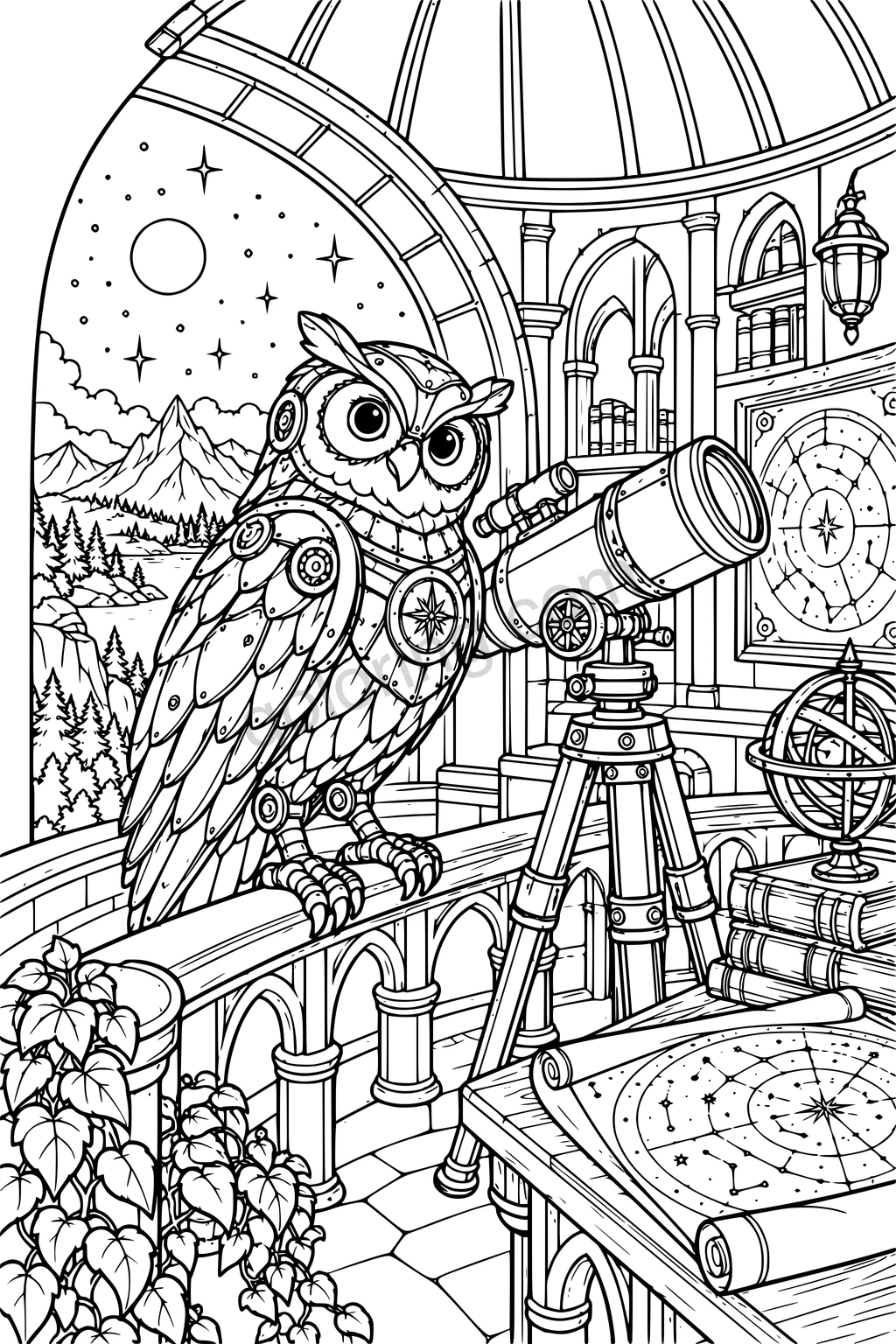 A mechanical owl with layered metal feathers perches on a railing beside a telescope in a domed observatory.