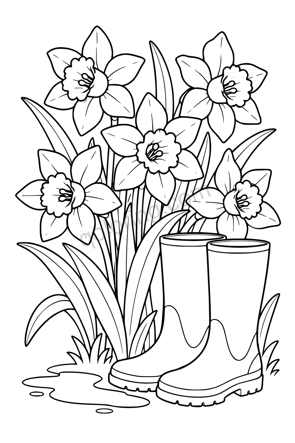 Black outline drawing of daffodils beside rain boots and a small puddle.