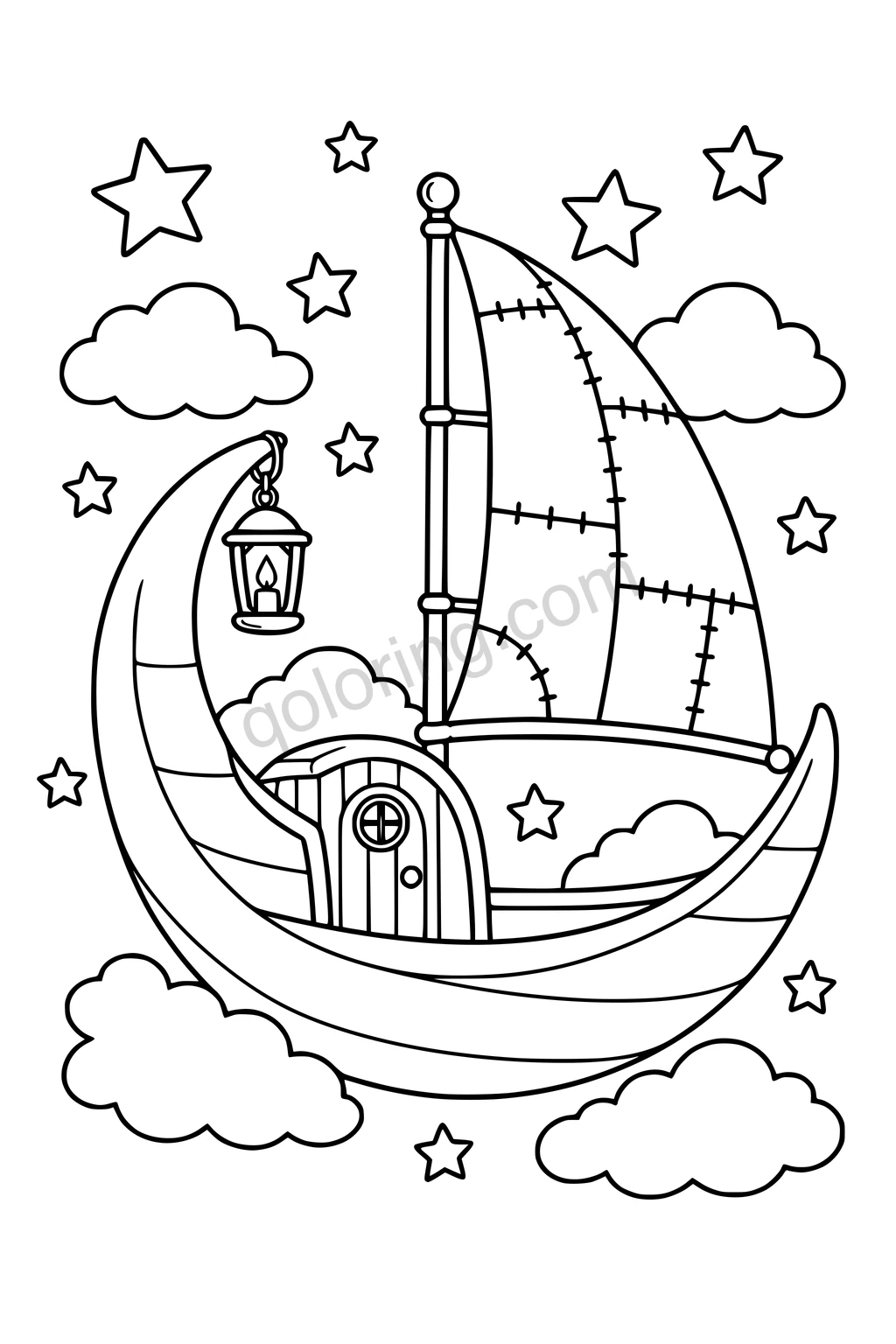 Black outline drawing of a crescent-moon sailboat with a patchwork sail, cabin, lantern, stars, and clouds.